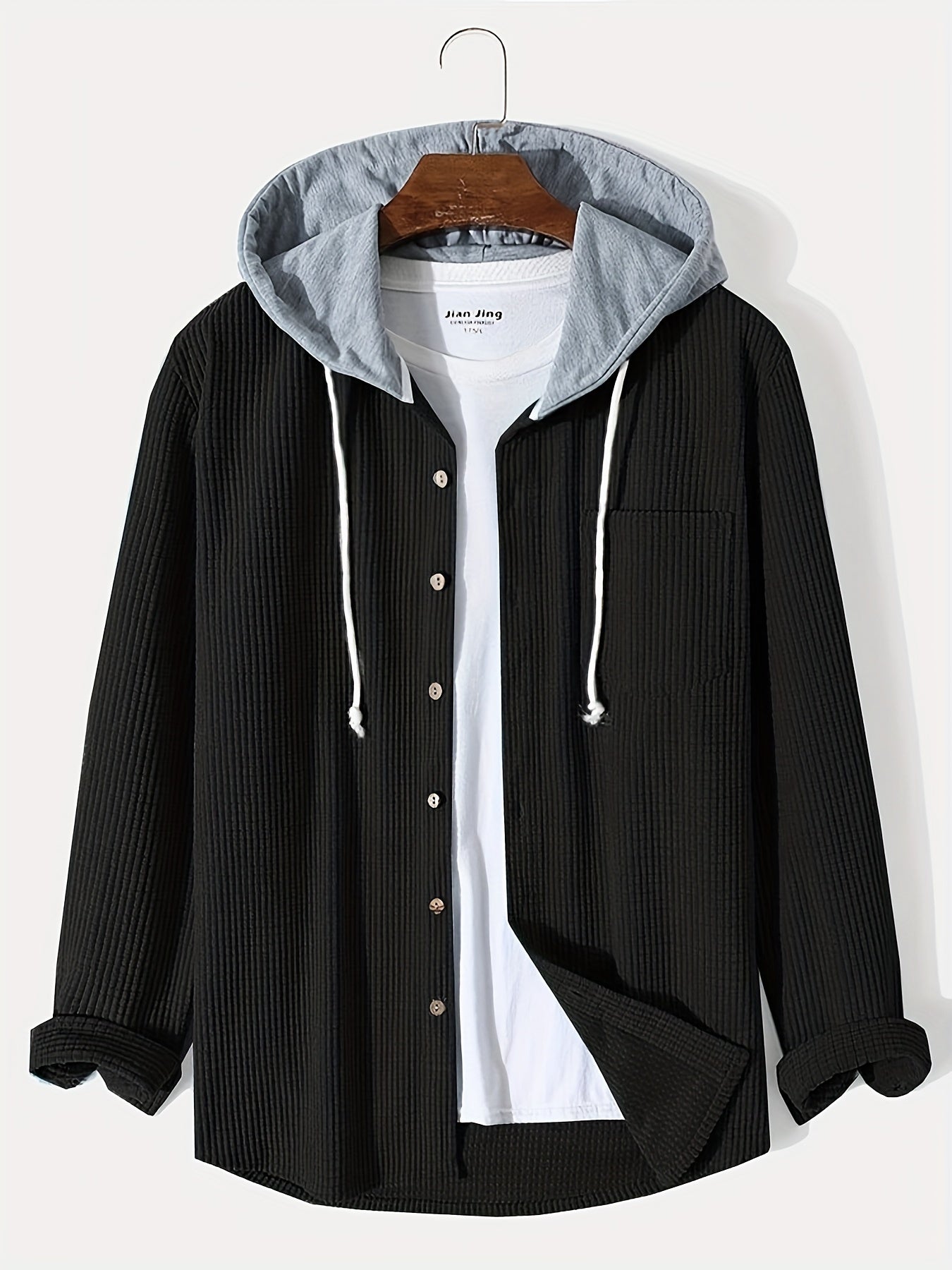 Men'S Casual Long Sleeve Hooded Jacket - Corduroy Solid Color with Pockets, Button-Up Front, Rayon Blend, Fall/Winter Outerwear, Casual Wear Hoodie | Hooded Sweatshirt | Textured Jacke