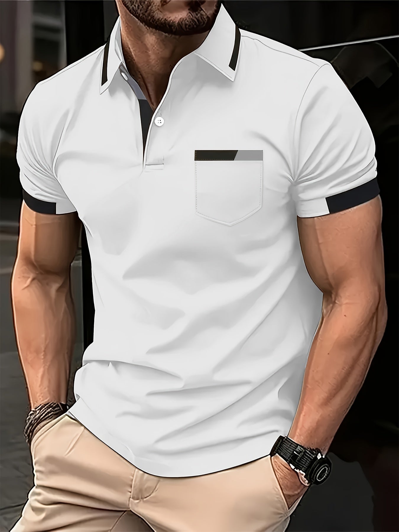 Men'S Casual Print Short-Sleeve Polo Shirt - Light Gray with Black & White Geometric Design, Comfortable Lapel Collar, Button-Up Front & Chest Pocket