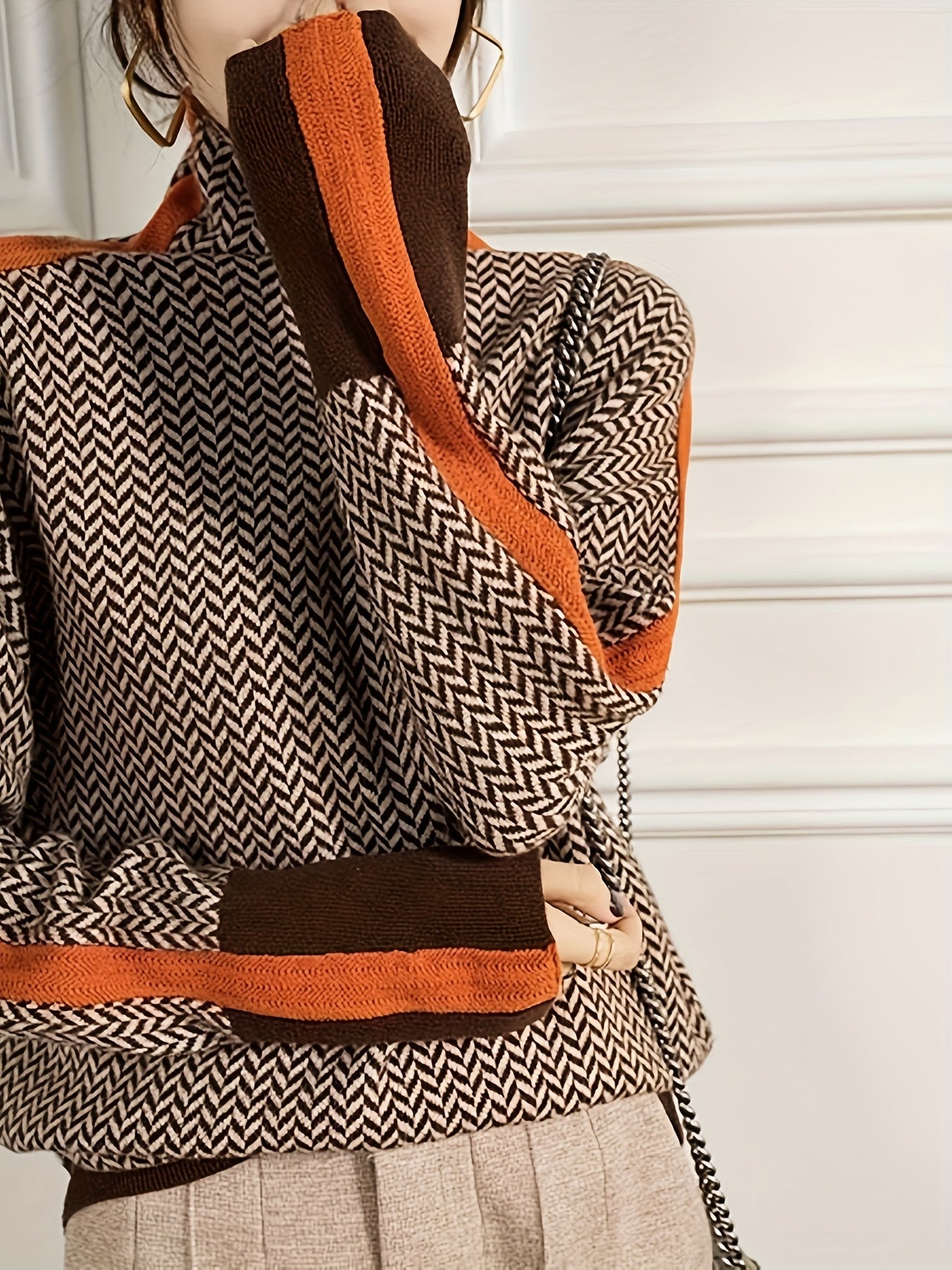 Women's Elegant Sweater - Chic Black, Brown, Beige, Orange Accent Sweater for Fall/Winter, Office, Party, Everyday Outfits - Non-Transparent Sweater Pullover, Cute Sweater, Fall Winter Clothing, Medium Elasticity Fabric