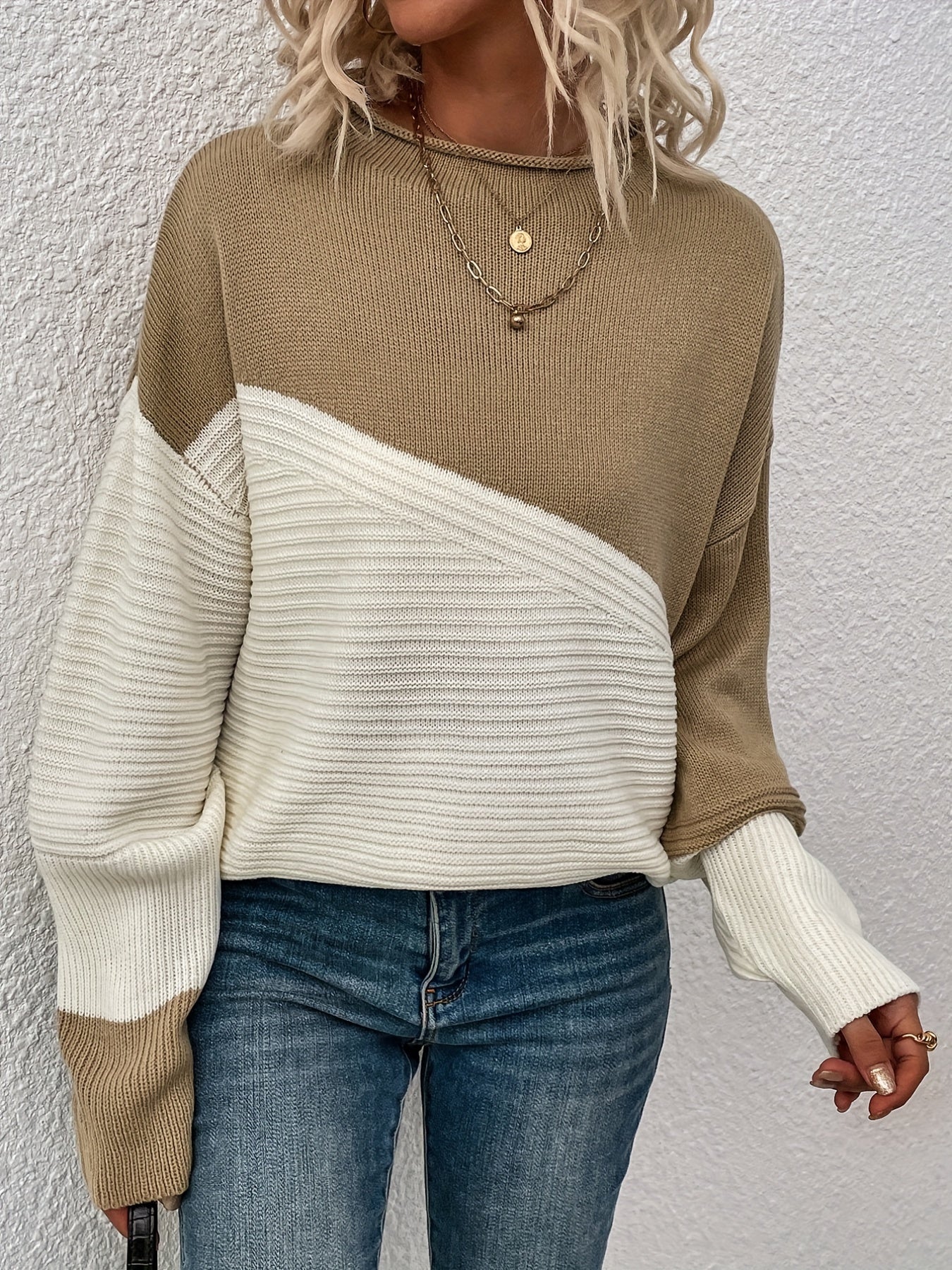 Womens Elegant Color Block Funnel Neck Pullover Sweater - Soft High Elasticity Acrylic Knit Fabric, Long Sleeve Drop Shoulder Design, Easy Care Hand Wash or Dry Clean, Perfect for Fall and Winter - Classic Style for Casual Daily Wear