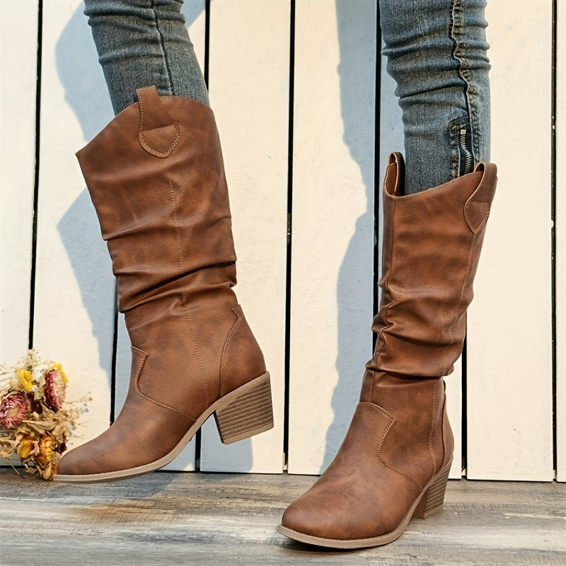 Timeless Tan Vegan Leather Block Heel Boots with Block Heel