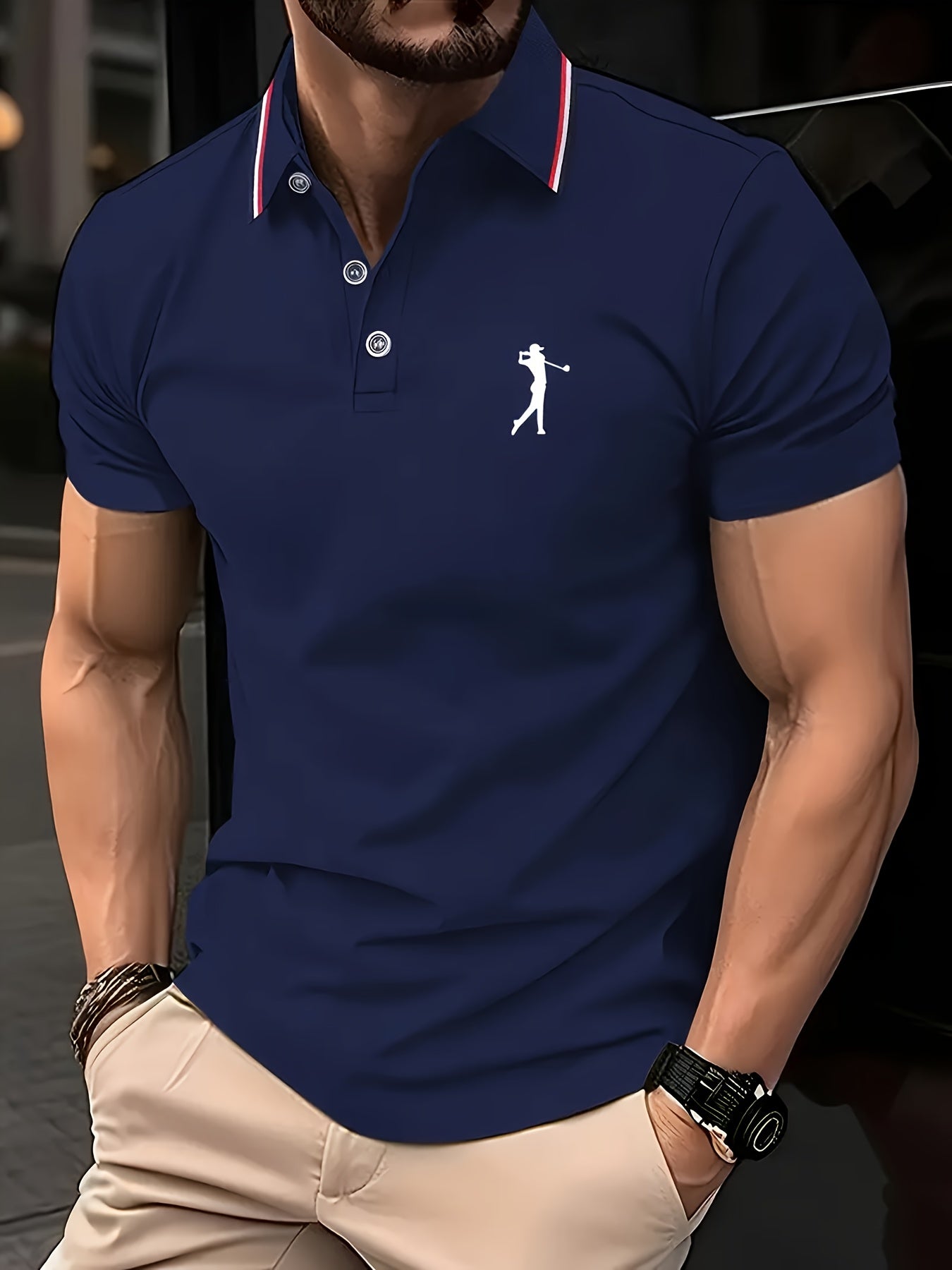 Men's Short Sleeve Shirt - White with Red Golf Print, Striped Collar & Cuffs, Breathable Summer Golf & Casual Wear, Machine Washable Regular Fit, Durable Fabric