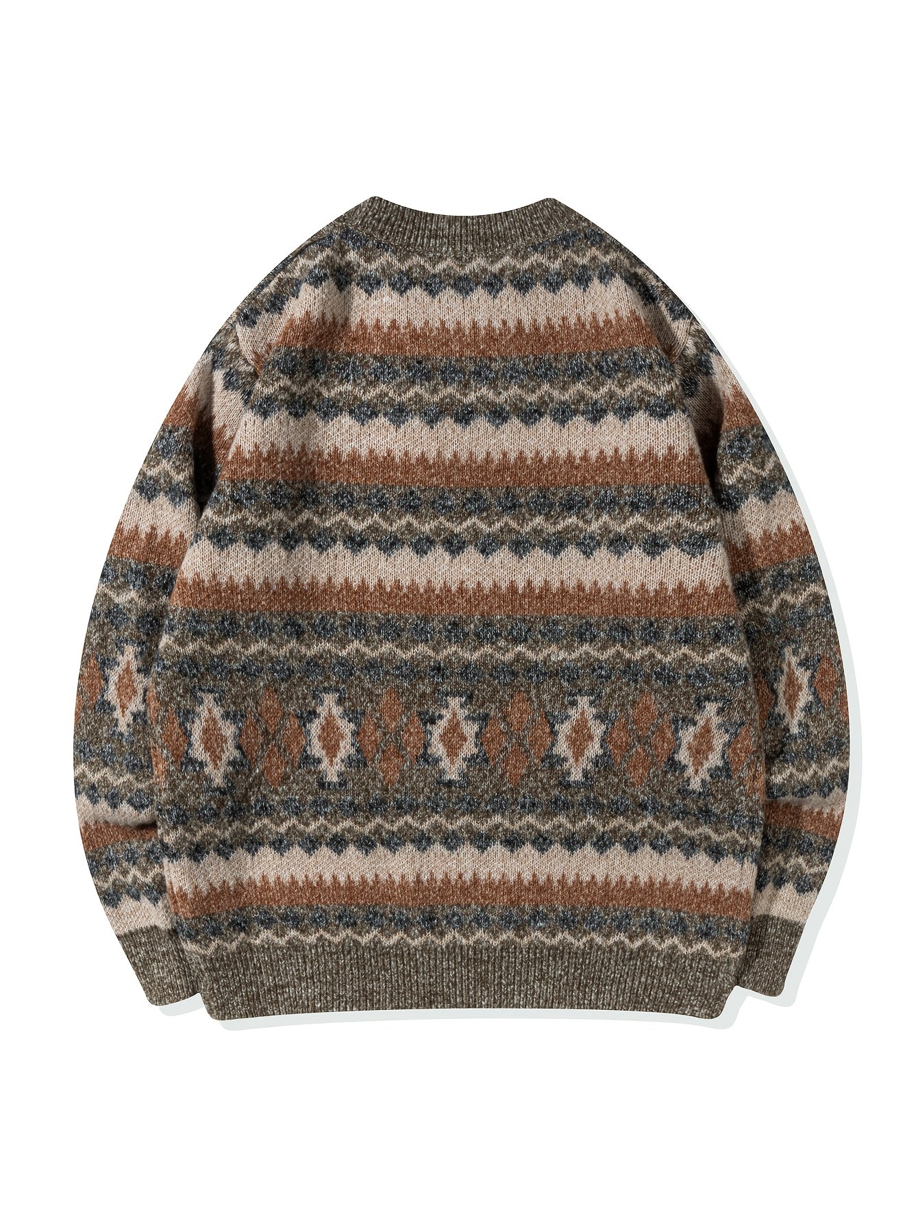 Men's Casual Color-Block Geometric Knit Sweater - Loose Fit Ribbed Detail Pullover, Machine Washable Autumn Winter Warm Crewneck Sweater for Casual Attire, Knitted Sweater, Durable Winter Wear