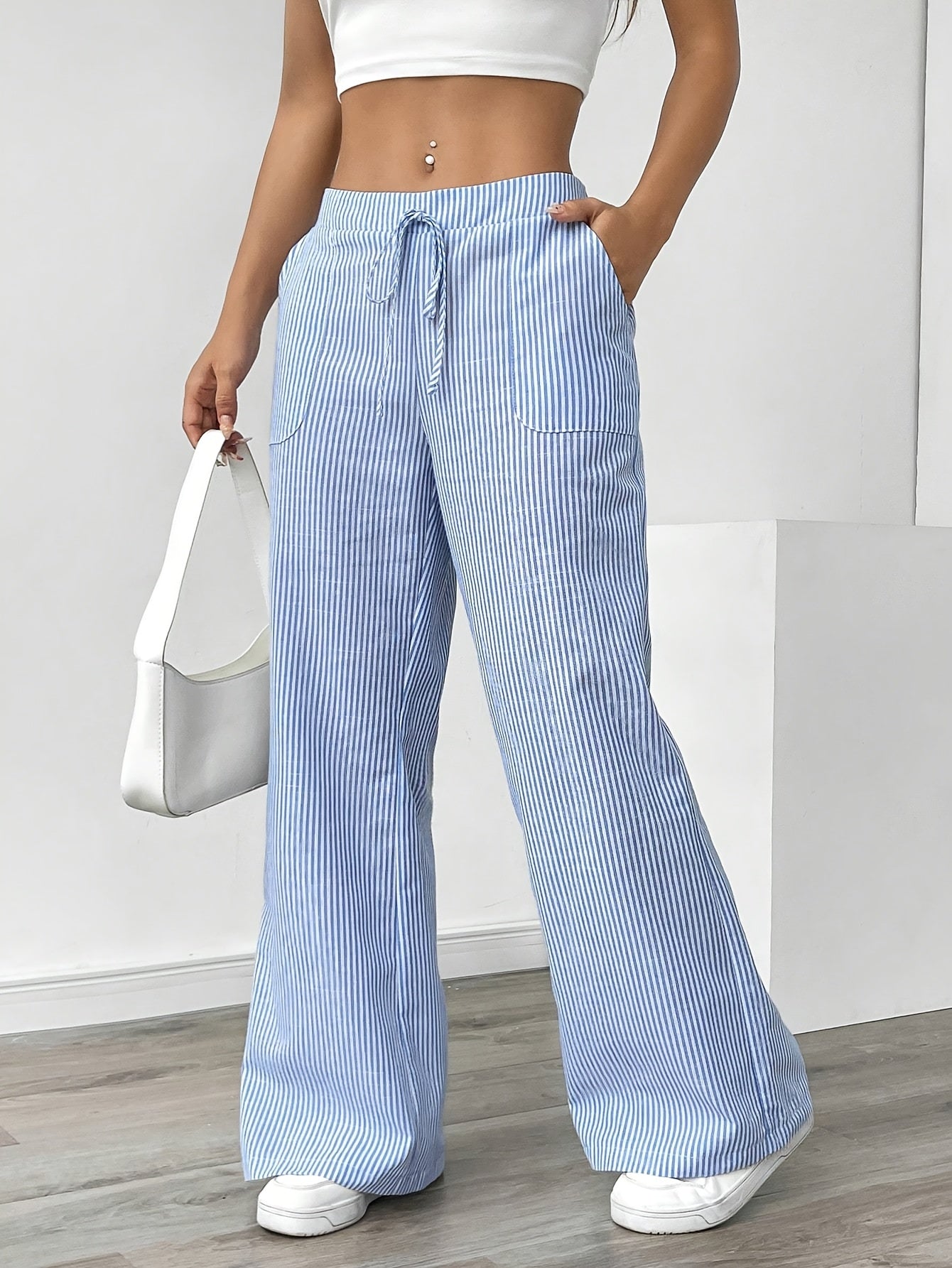 Slant Pockets Wide Leg Pants, Casual Striped Print Loose Drawstring Waist Pants For Spring & Summer, Women's Clothing