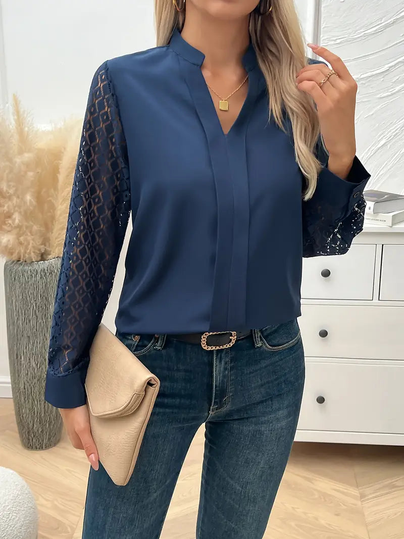 Solid Polyester Blouse Lace Splicing Notched