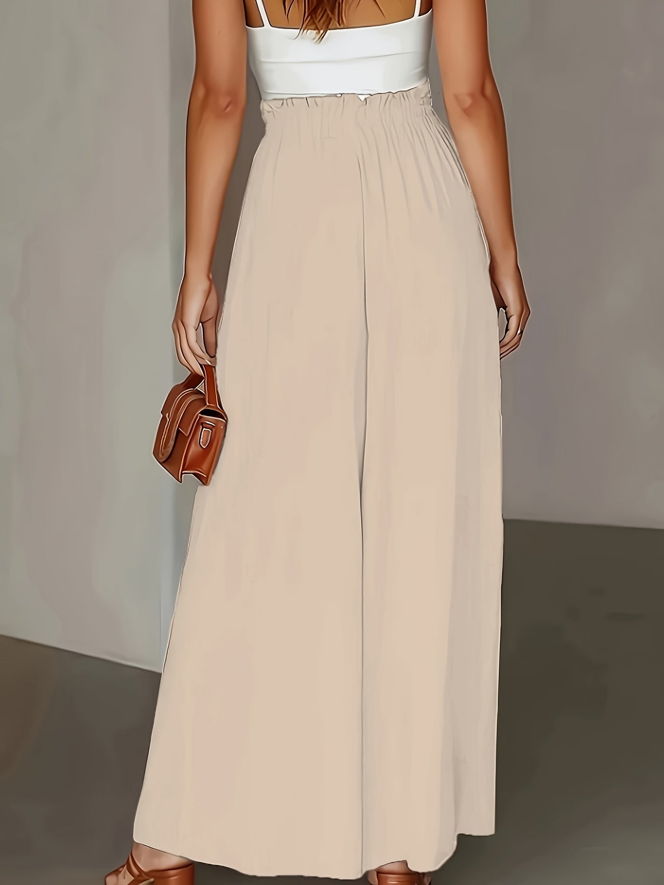 Women's Elegant Wide-Leg Trousers with Extended Length - Beige Solid Color High-Waisted Non-Stretch Pants, Structured Fit for All-Season Casual & Formal Outfits, Versatile Office to Semi-Formal Wear, Allseason Clothing, Classic Design, Quality S