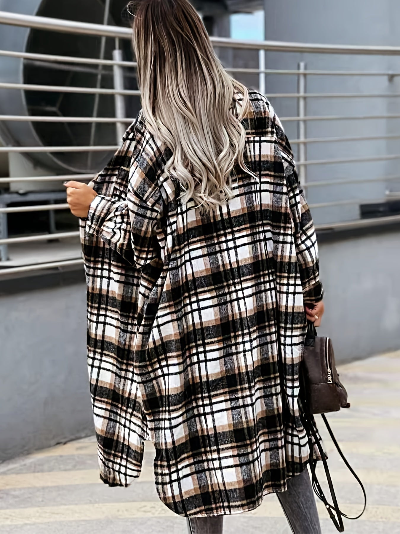 Stylish Plaid Print Womens Long Jacket - Relaxed Casual Button Front with Flap Pockets - Durable Outerwear for Everyday Fashion