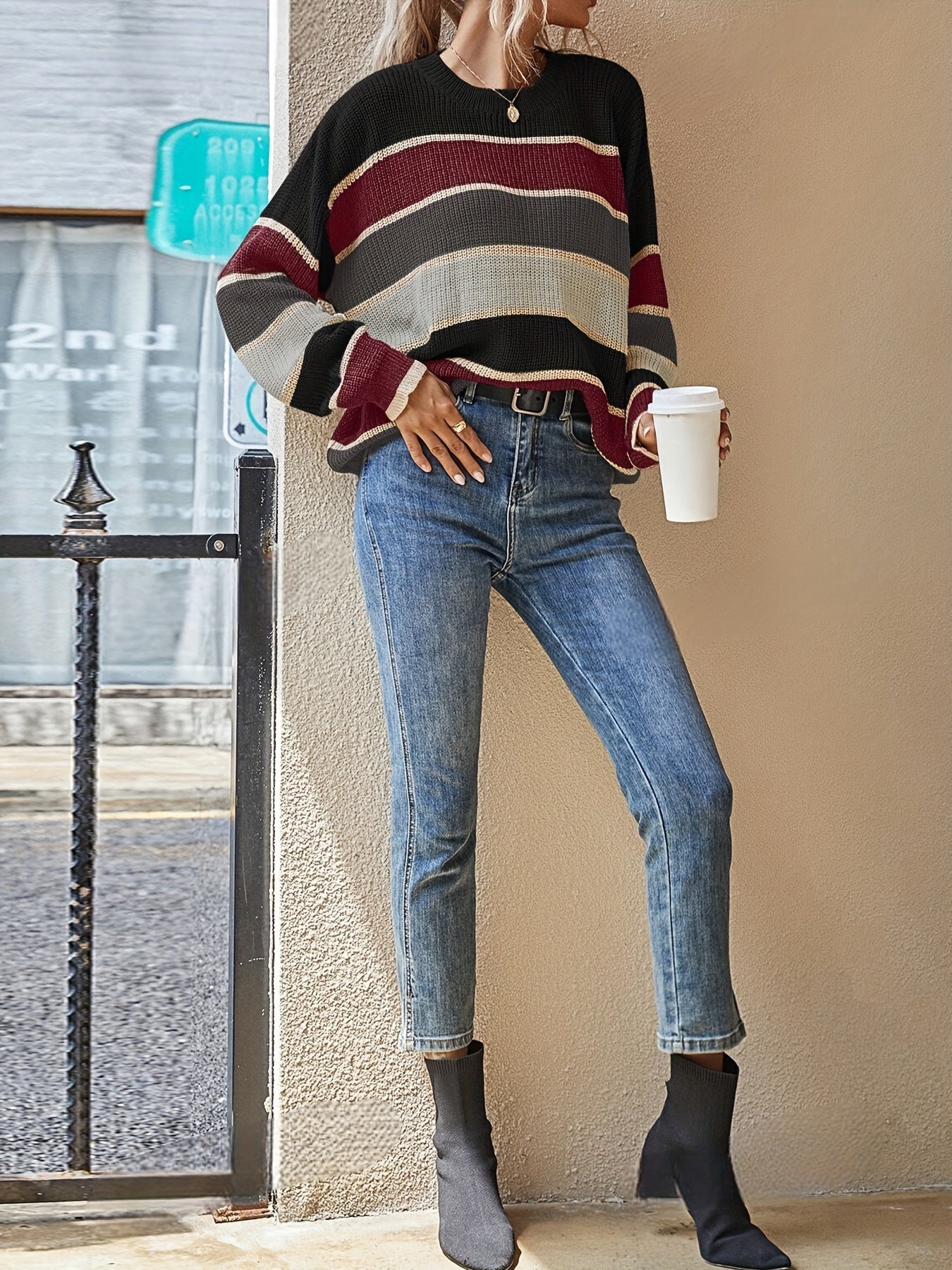 Women'S Color Block Striped Pullover Sweater - Cozy Long Sleeve Crew Neck, Loose Fit, Fall/Winter Casual Top with Green, Brown, and Beige Stripes, Casual Winter Wear | Relaxed Fit Top | Construction, Sweater Dress, Fall Clothe For Women, Fall Sw