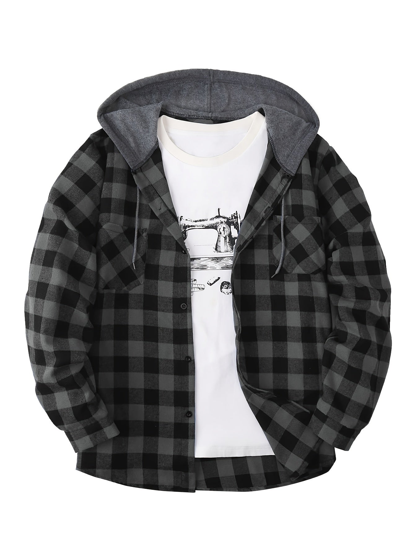 Men's Casual Plaid Hoodie Shirt - Long Sleeve Button-Up with Drawstring Hood, Red & Yellow Gingham Print, Polyester Blend, Comfortable and Stylish for Casual Attire, Essential Hoodie
