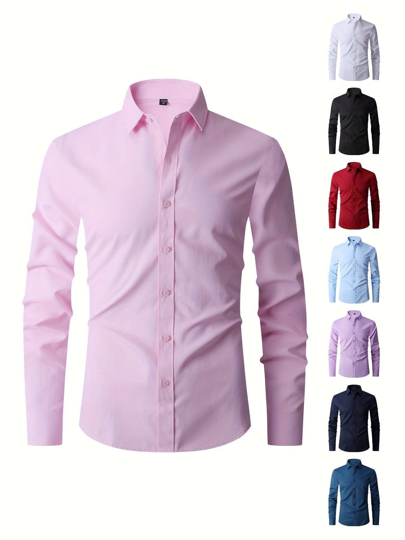 Solid Color Men's Business Slim Fit Long Sleeve Button Up Shirt, Spring Fall Formal Wear, Gift For Men