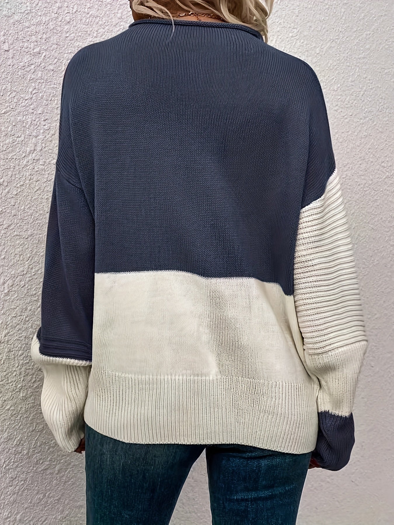 Womens Elegant Color Block Funnel Neck Pullover Sweater - Soft High Elasticity Acrylic Knit Fabric, Long Sleeve Drop Shoulder Design, Easy Care Hand Wash or Dry Clean, Perfect for Fall and Winter - Classic Style for Casual Daily Wear