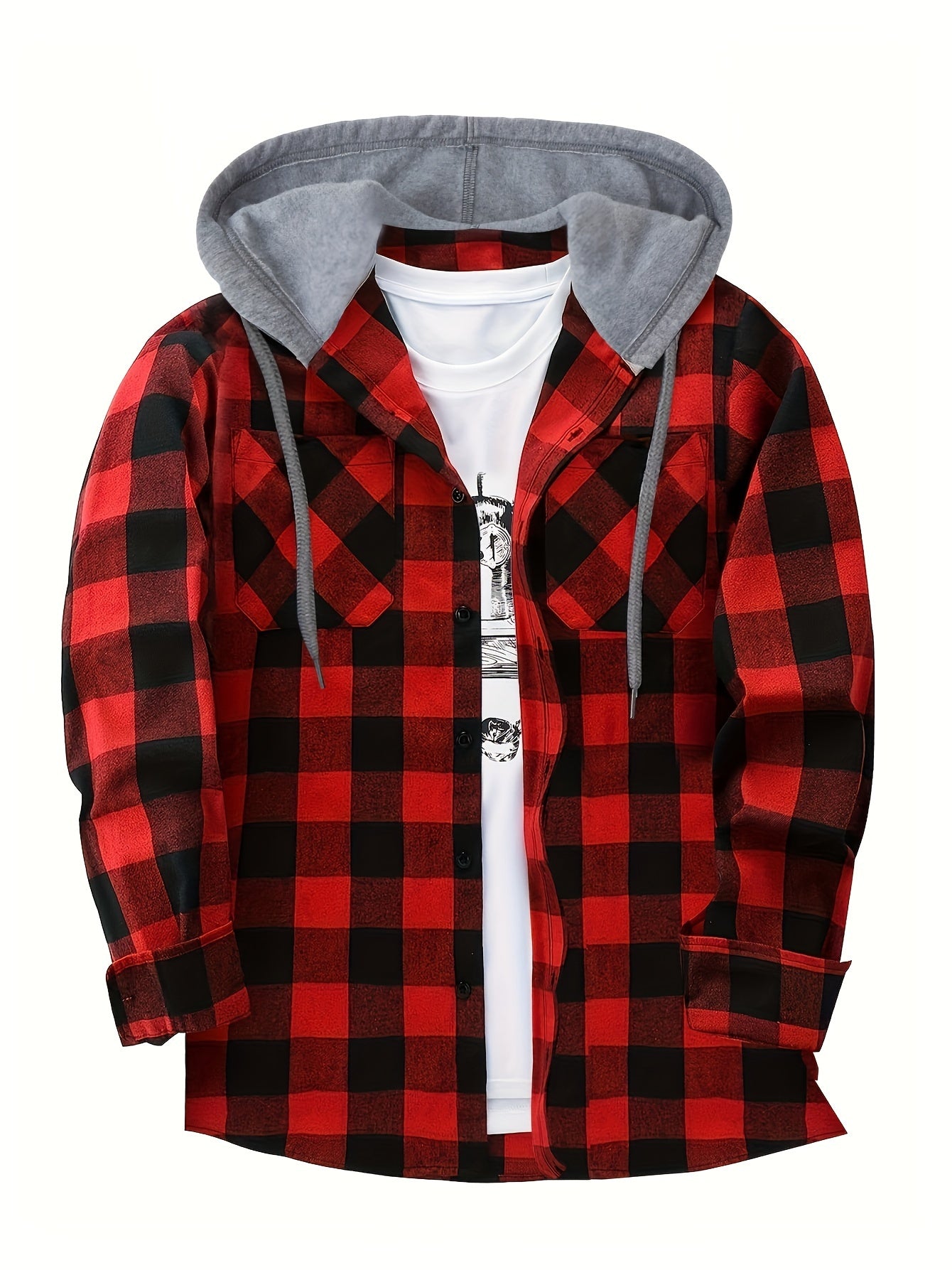Men's Casual Plaid Hoodie Shirt - Long Sleeve Button-Up with Drawstring Hood, Red & Yellow Gingham Print, Polyester Blend, Comfortable and Stylish for Casual Attire, Essential Hoodie