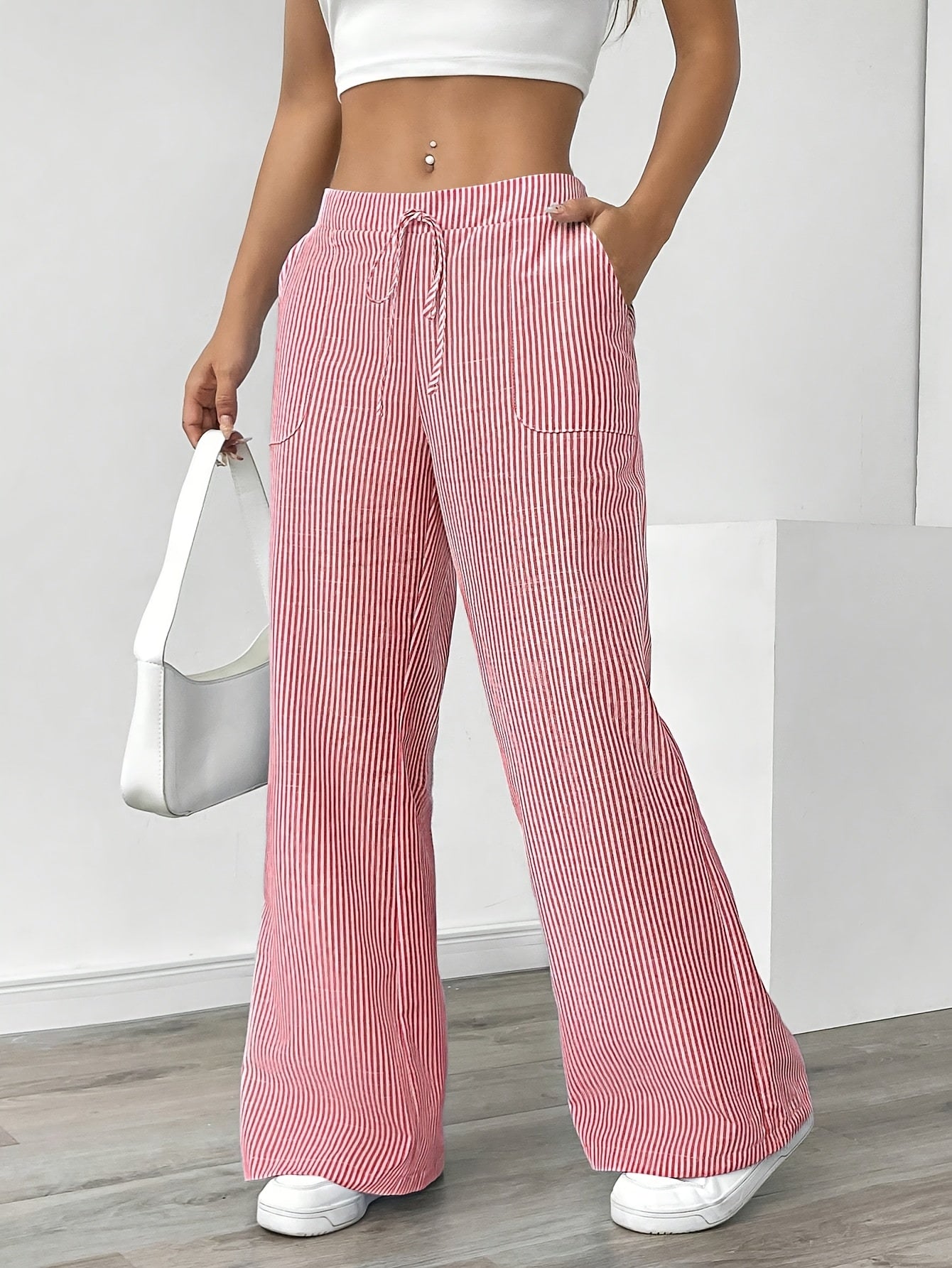 Slant Pockets Wide Leg Pants, Casual Striped Print Loose Drawstring Waist Pants For Spring & Summer, Women's Clothing