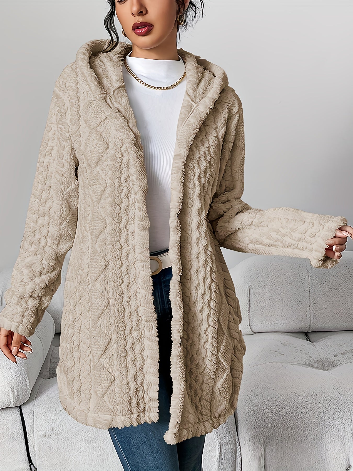 Autumn-Winter Warm Fashion Jacquard Plush Hooded Cardigan Coat