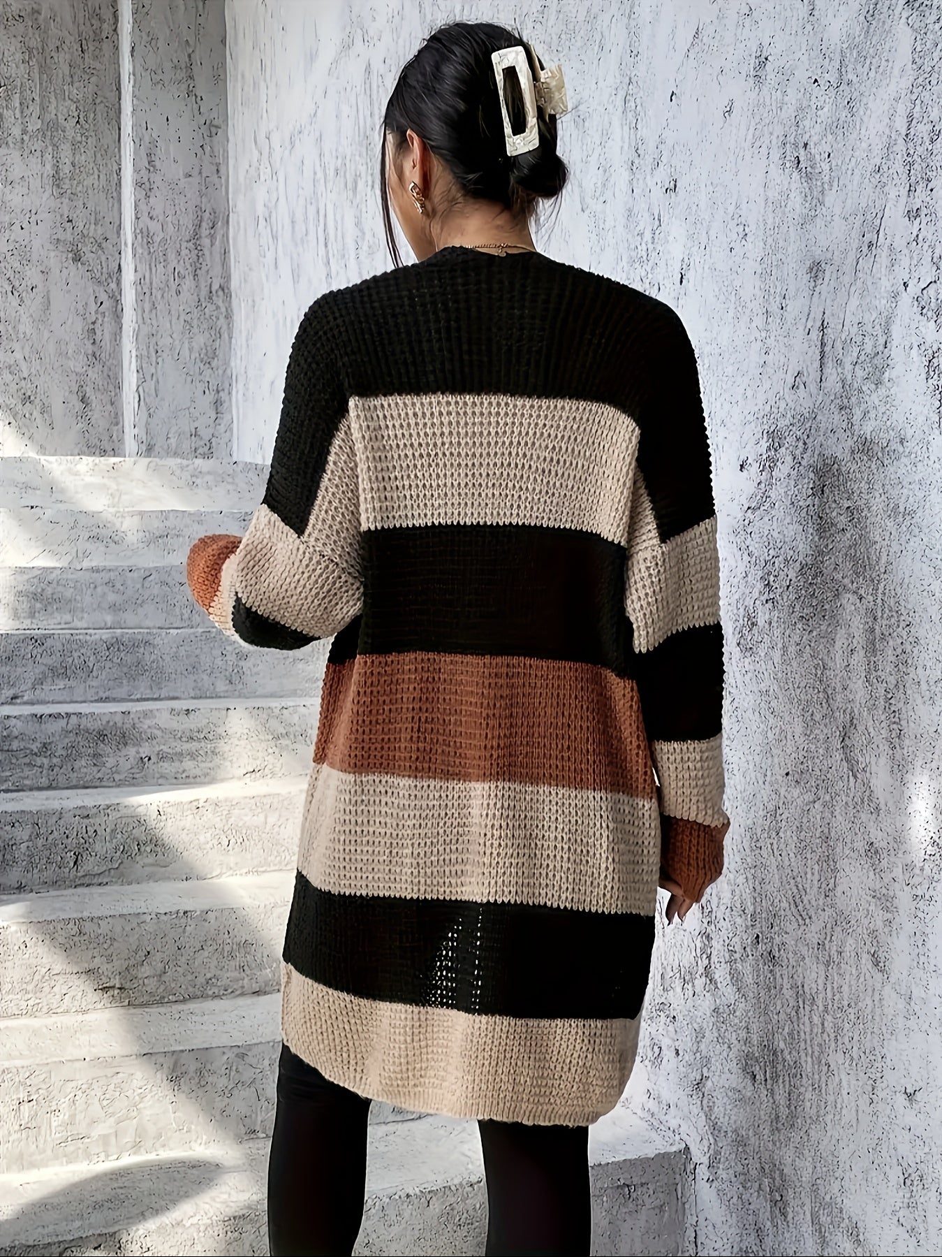 Long Sleeve Color Block Pockets Cardigan for Fall & Winter, Casual Women's Clothing