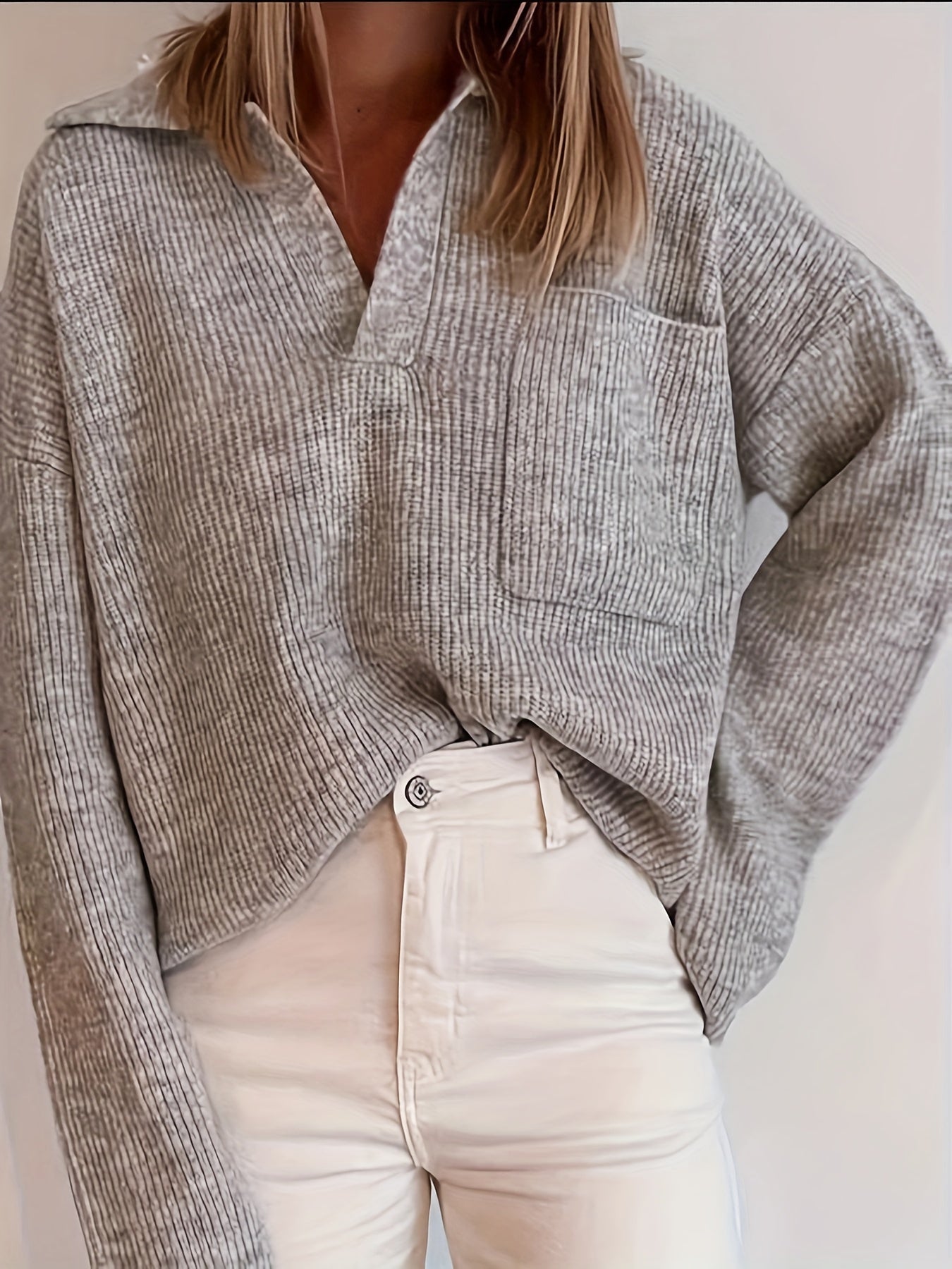Relaxed Fit, Casual Autumn And Winter Short Loose Lapel Large Pocket Solid Color Pullover Sweater