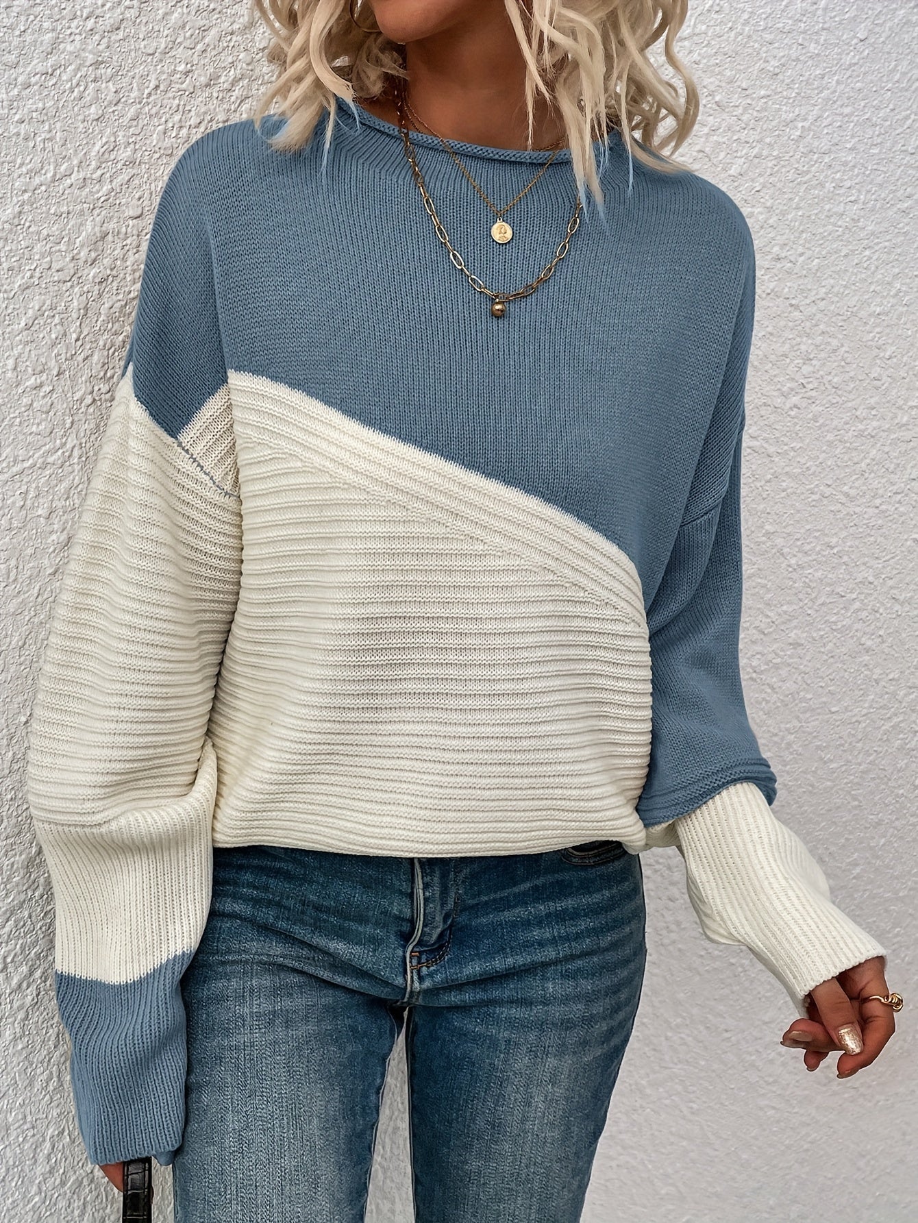 Womens Elegant Color Block Funnel Neck Pullover Sweater - Soft High Elasticity Acrylic Knit Fabric, Long Sleeve Drop Shoulder Design, Easy Care Hand Wash or Dry Clean, Perfect for Fall and Winter - Classic Style for Casual Daily Wear