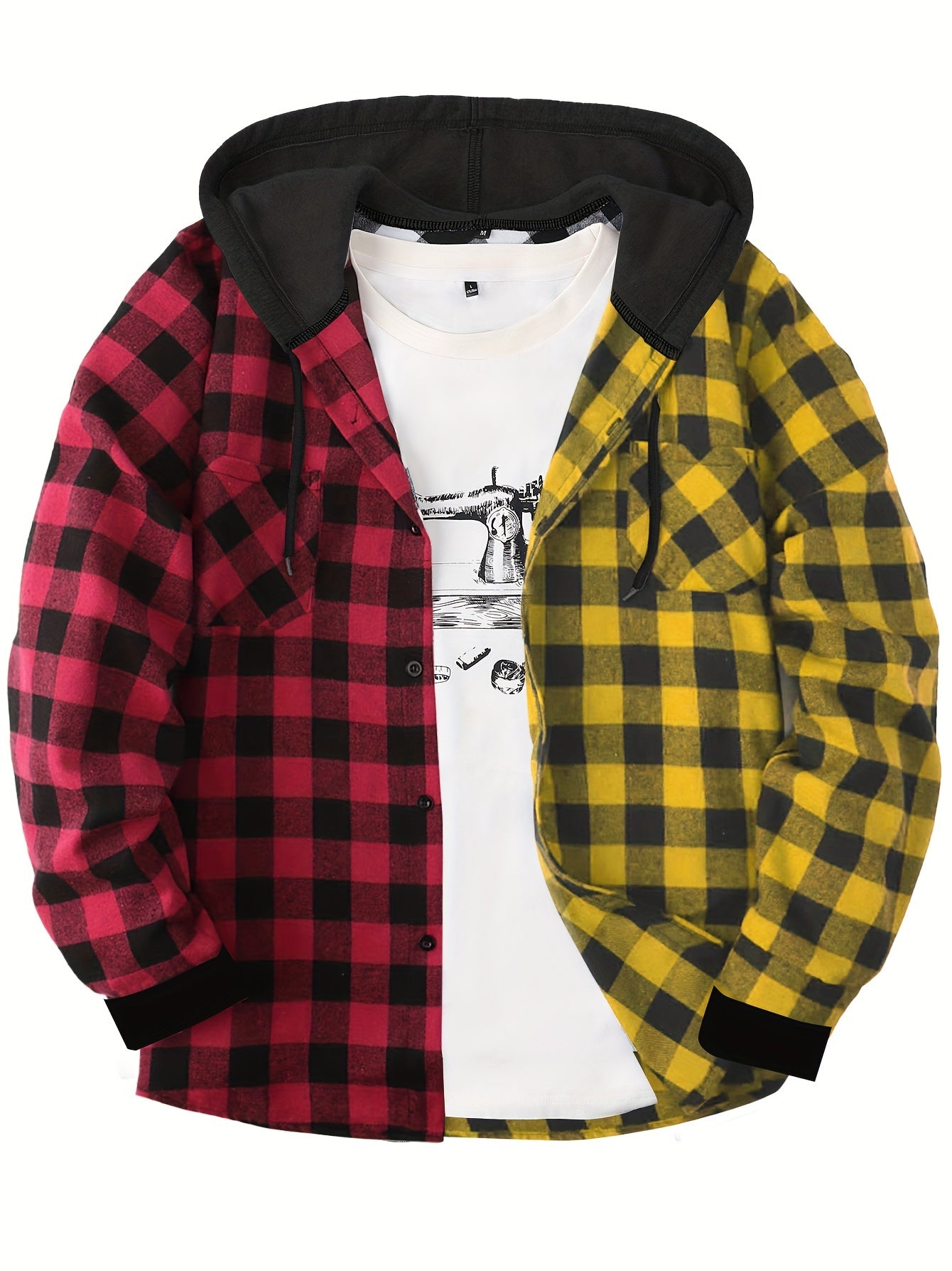 Men's Casual Plaid Hoodie Shirt - Long Sleeve Button-Up with Drawstring Hood, Red & Yellow Gingham Print, Polyester Blend, Comfortable and Stylish for Casual Attire, Essential Hoodie