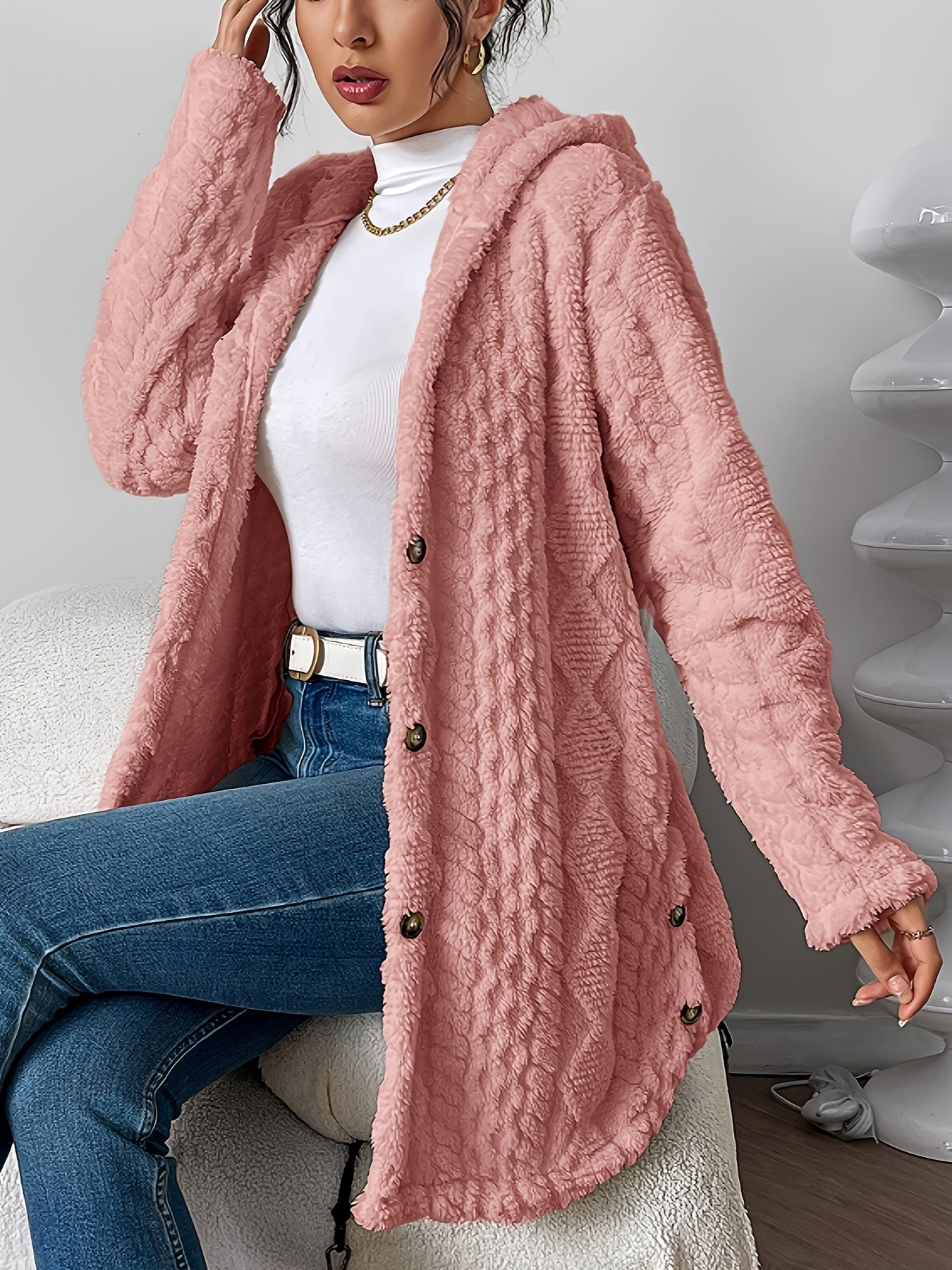 Autumn-Winter Warm Fashion Jacquard Plush Hooded Cardigan Coat