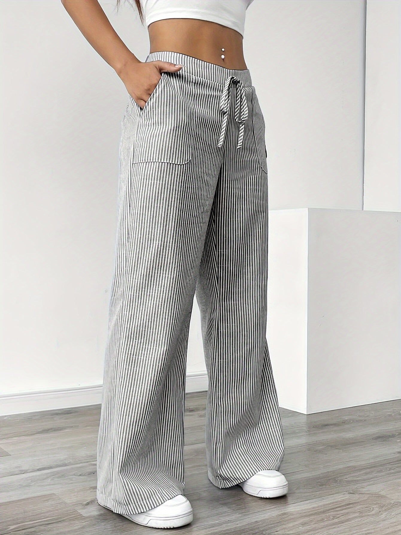 Slant Pockets Wide Leg Pants, Casual Striped Print Loose Drawstring Waist Pants For Spring & Summer, Women's Clothing