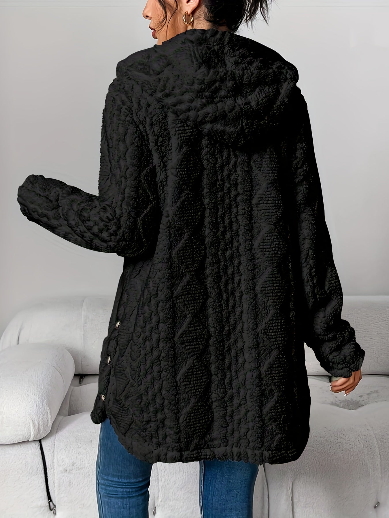 Autumn-Winter Warm Fashion Jacquard Plush Hooded Cardigan Coat