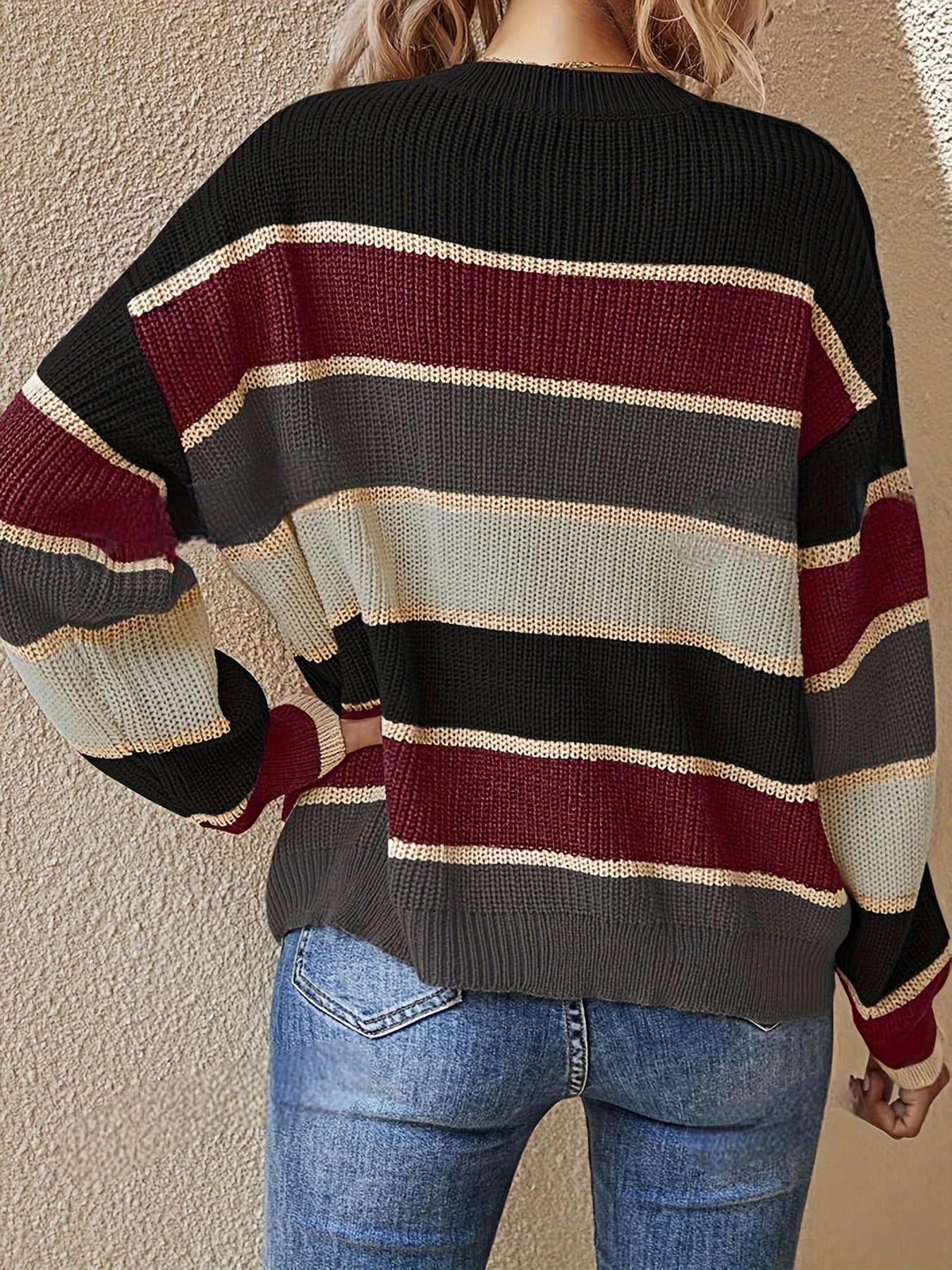 Women'S Color Block Striped Pullover Sweater - Cozy Long Sleeve Crew Neck, Loose Fit, Fall/Winter Casual Top with Green, Brown, and Beige Stripes, Casual Winter Wear | Relaxed Fit Top | Construction, Sweater Dress, Fall Clothe For Women, Fall Sw