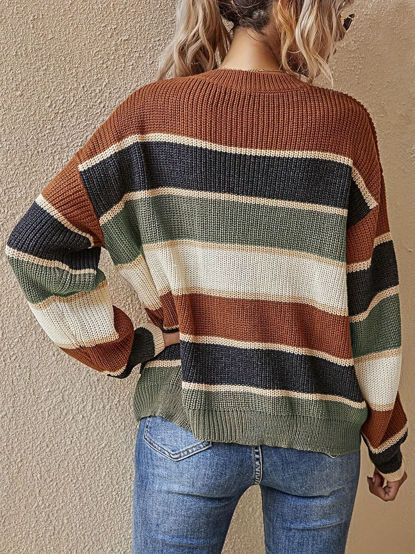 Women'S Color Block Striped Pullover Sweater - Cozy Long Sleeve Crew Neck, Loose Fit, Fall/Winter Casual Top with Green, Brown, and Beige Stripes, Casual Winter Wear | Relaxed Fit Top | Construction, Sweater Dress, Fall Clothe For Women, Fall Sw