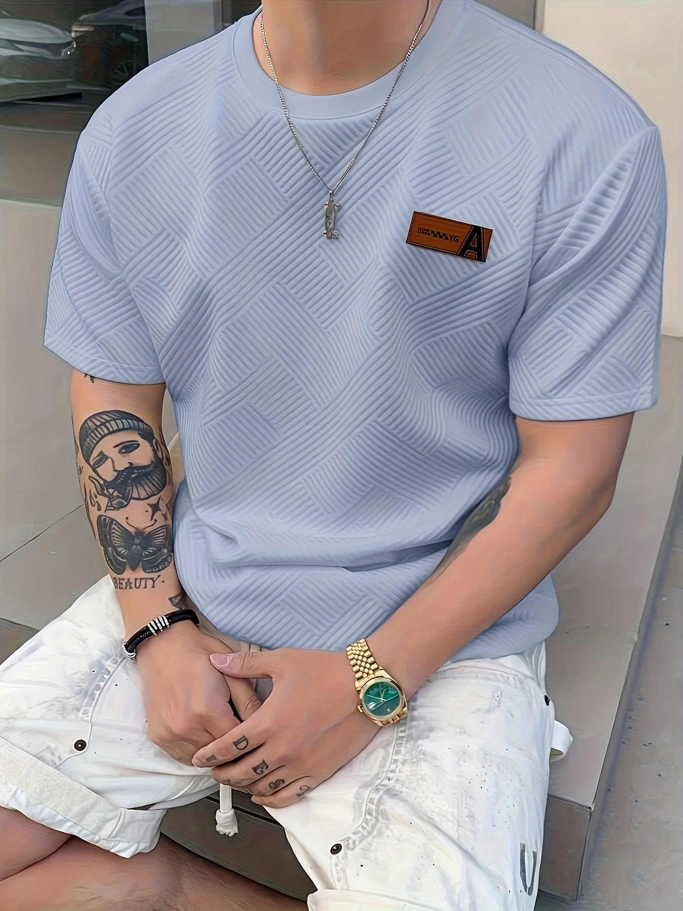 Men'S Casual Beige Short Sleeve T-Shirt with AFA Logo - 100% Polyester Knit, Lightweight & Breathable, Round Neck, Slight Stretch Fabric, Perfect for Casual Attir