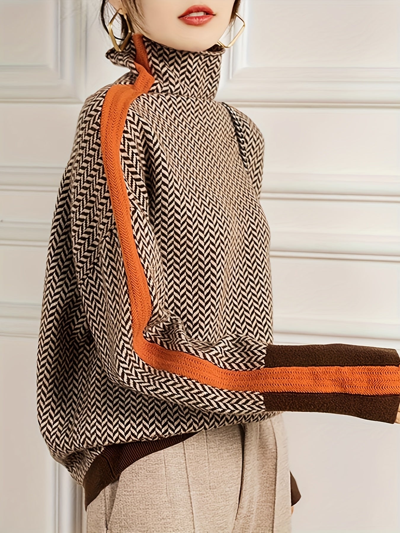 Women's Elegant Sweater - Chic Black, Brown, Beige, Orange Accent Sweater for Fall/Winter, Office, Party, Everyday Outfits - Non-Transparent Sweater Pullover, Cute Sweater, Fall Winter Clothing, Medium Elasticity Fabric