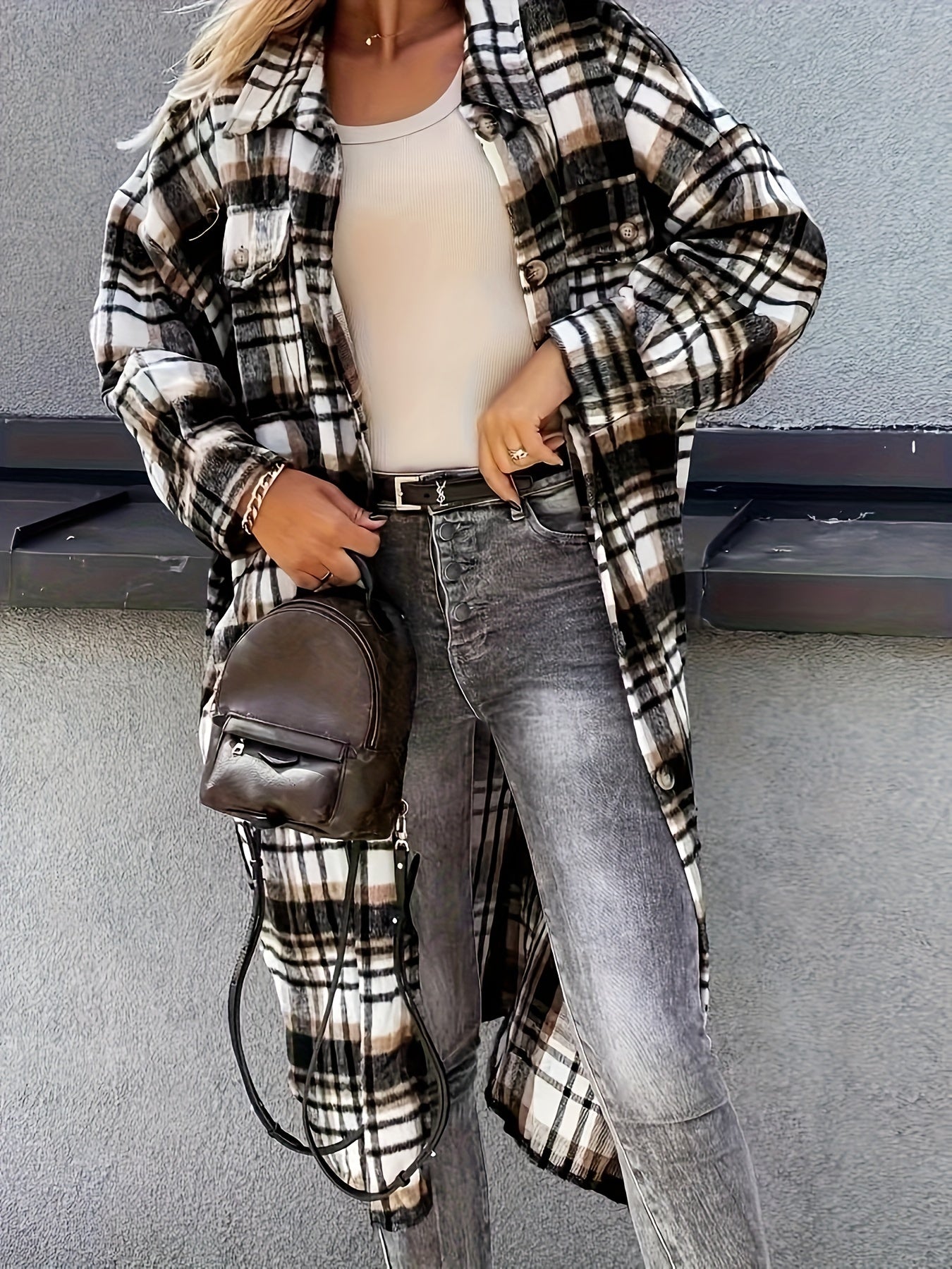 Stylish Plaid Print Womens Long Jacket - Relaxed Casual Button Front with Flap Pockets - Durable Outerwear for Everyday Fashion