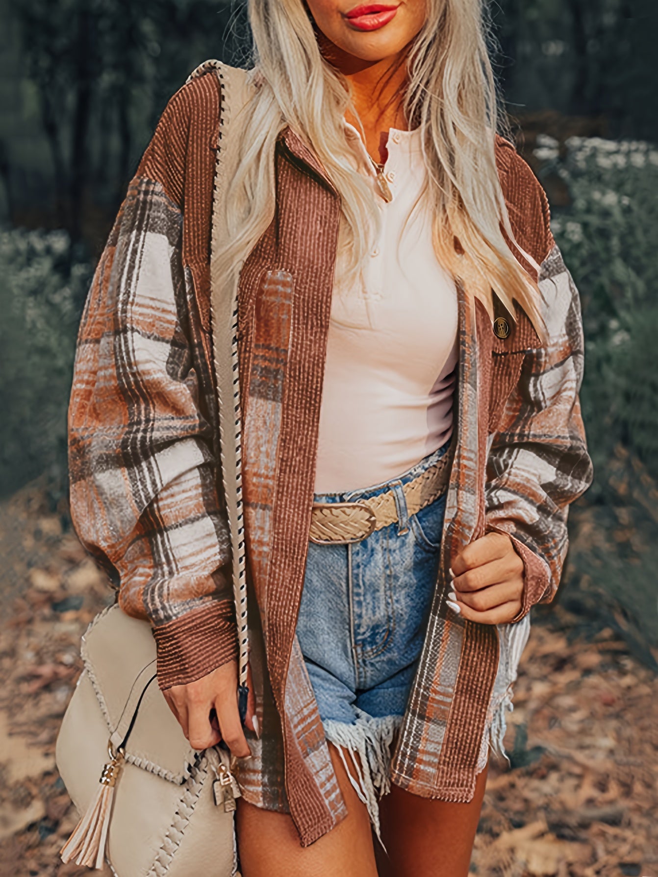 Plaid Print Drop Shoulder Jacket, Casual Lapel Neck Long Sleeve Button Front Jacket For Fall & Spring, Women's Clothing