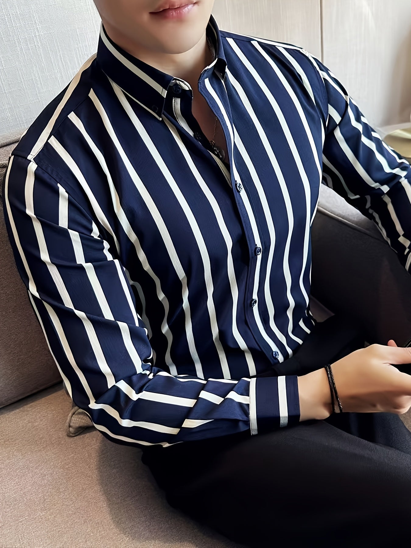 Men'S Stylish Long Sleeve Striped Shirt - Casual & Formal, Button-Up with Pocket, Perfect for Spring & Fall, Casual Attire|Striped Pattern|Sophisticated Style