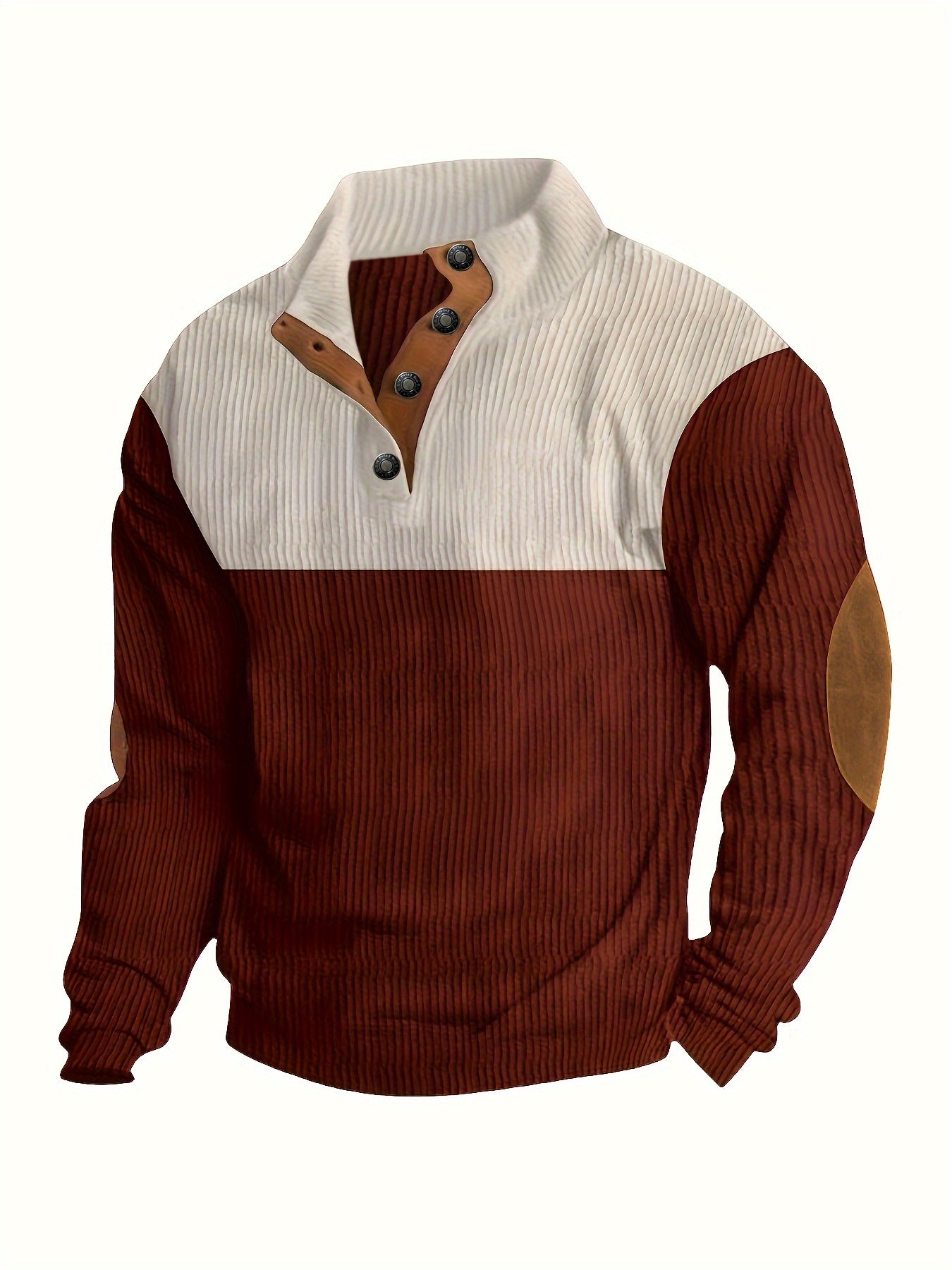 Retro Color Block Knitted Ribbed Sweater, Men's Casual Warm Mid Stretch Stand Collar Pullover Sweater For Men Fall Winter, Old Money Style