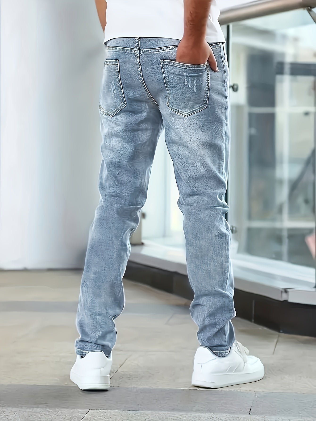 Men'S Slim-Fit Stretch Denim Jeans - Light Blue, Casual Style, All-Season Comfort, Regular Fit, Solid Color, Washed Finish, Perfect for Teens, Teenage Fashion|Casual Style Jeans|Woven Denim