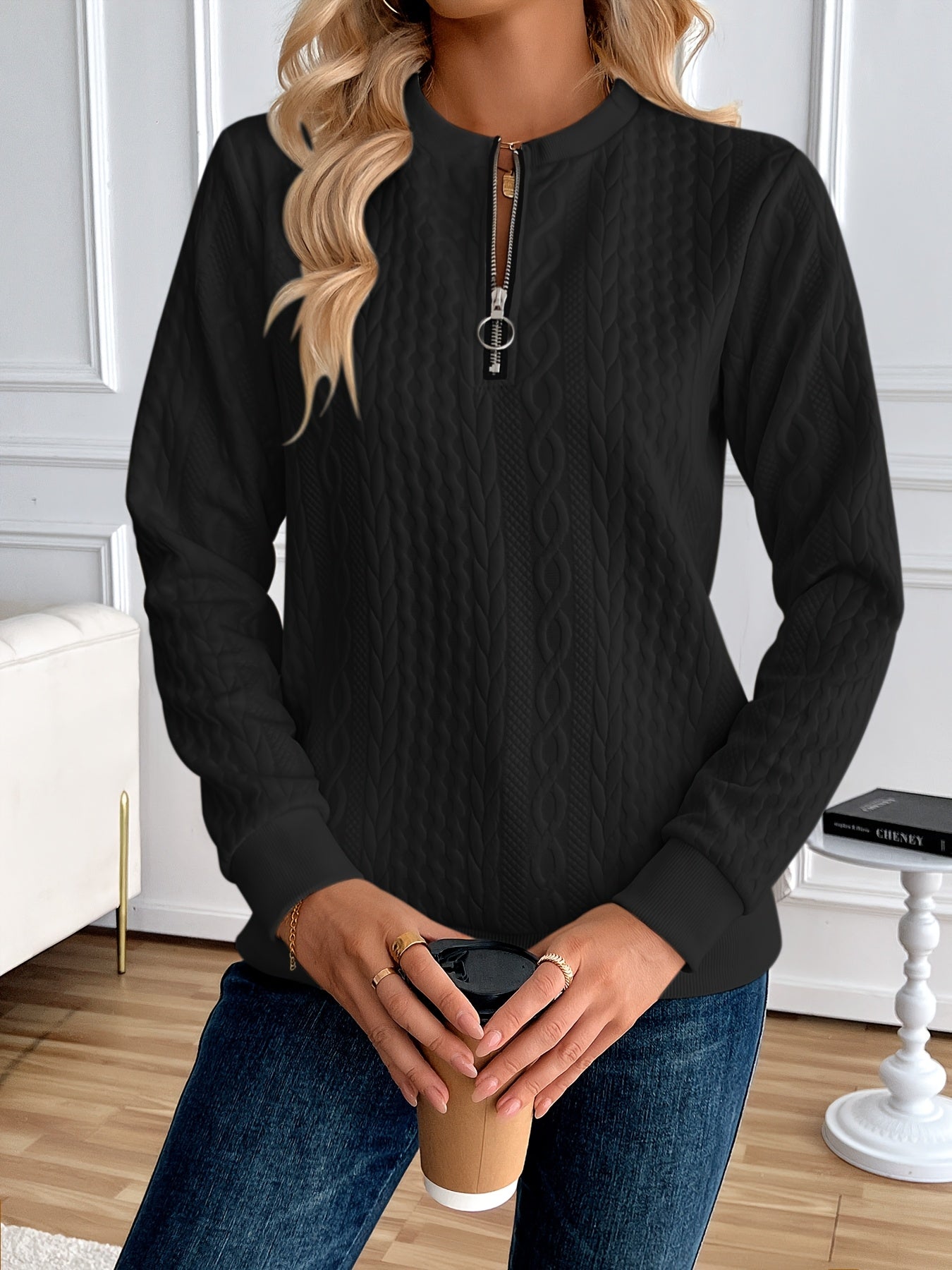 Chic Women's Half-Zip Pullover Sweatshirt - Elegant Solid Color Long Sleeve with Textured Cable Knit, Baseball Collar & Front Zipper, Polyester Blend, Machine Washable, Spring/Fall Casual Wear, Everyday Sweatshirt | Baseball Collar Top | Ribbed