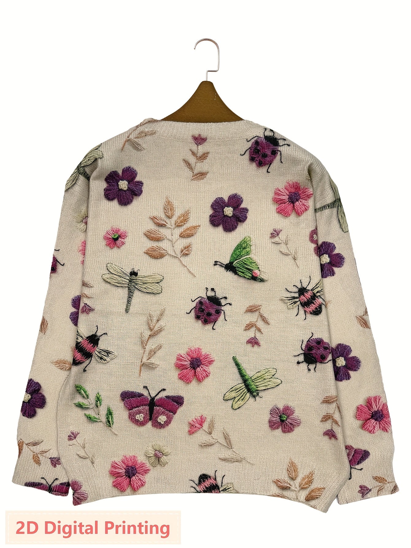 Women'S Lightweight Sweater - 2D Digital Printing-All-Over Floral & Insect Print in Beige/Red/Blue/Black/White/Gray/ - Soft Everyday Pullover for Fall/Winter - Casual Chic Sweater for Everyday & Formal Outfits - Women'S Sweater, Ladies Sweaters,