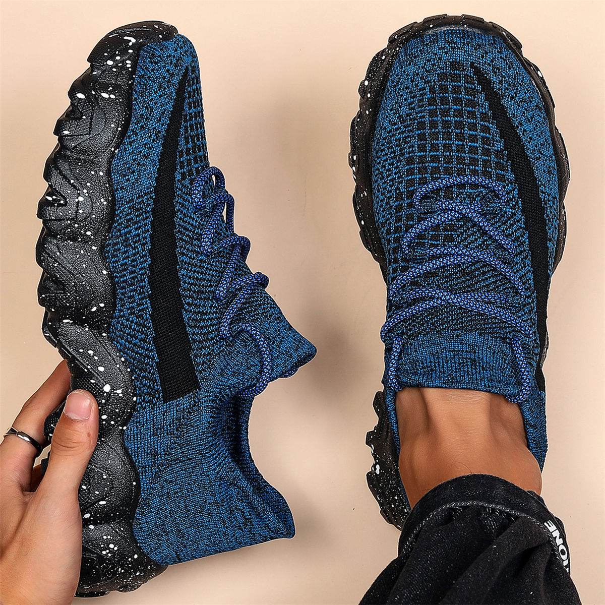 Men'S Casual Sneakers - Breathable Knit Upper, Geometric Pattern, Lace-Up Closure, Durable Rubber Sole, Comfortable Fabric Lining for Spring Sports & Casual Attire, Athletic Footwear | Geometric Pattern Shoes | Knit Construction, Sneakers