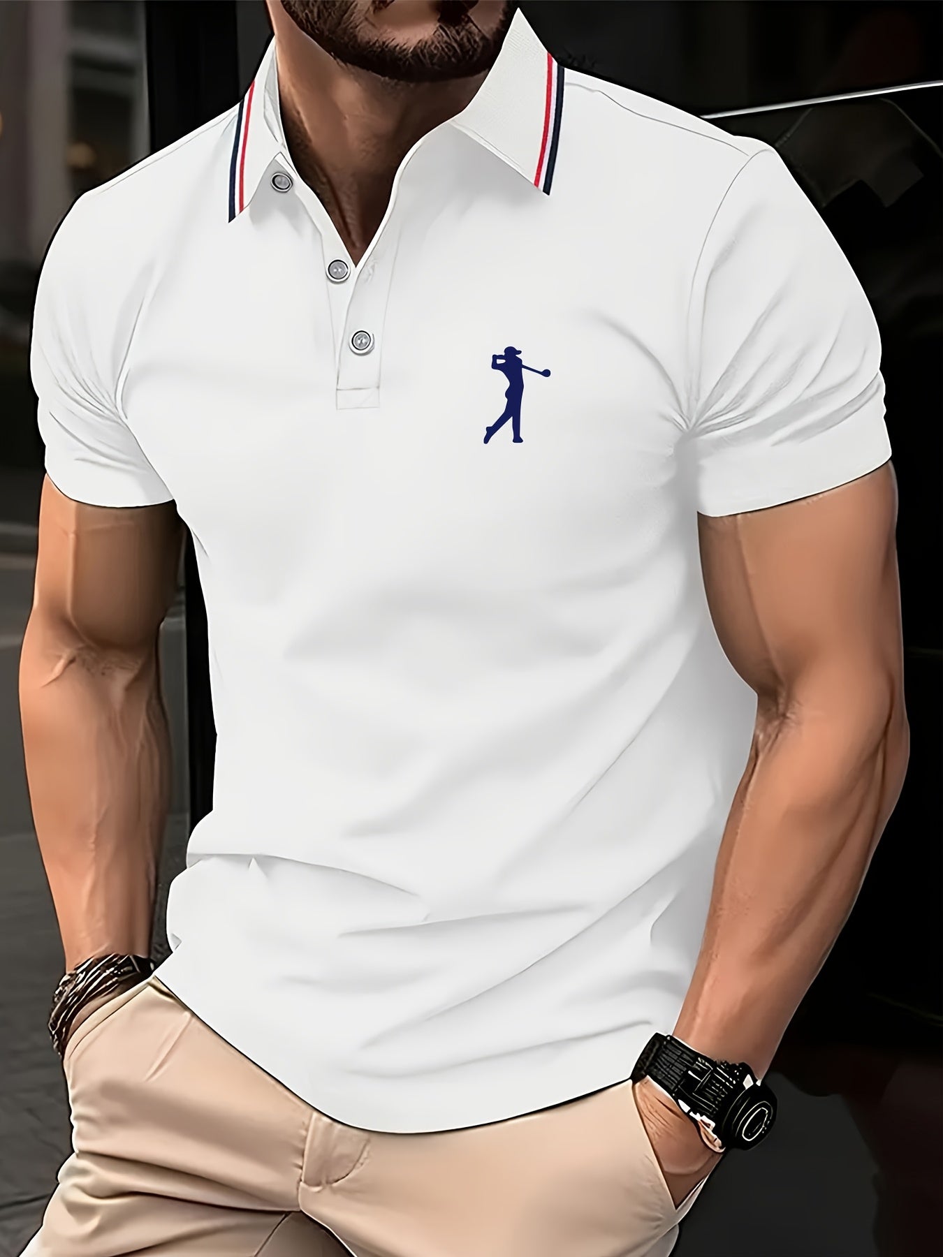 Men's Short Sleeve Shirt - White with Red Golf Print, Striped Collar & Cuffs, Breathable Summer Golf & Casual Wear, Machine Washable Regular Fit, Durable Fabric