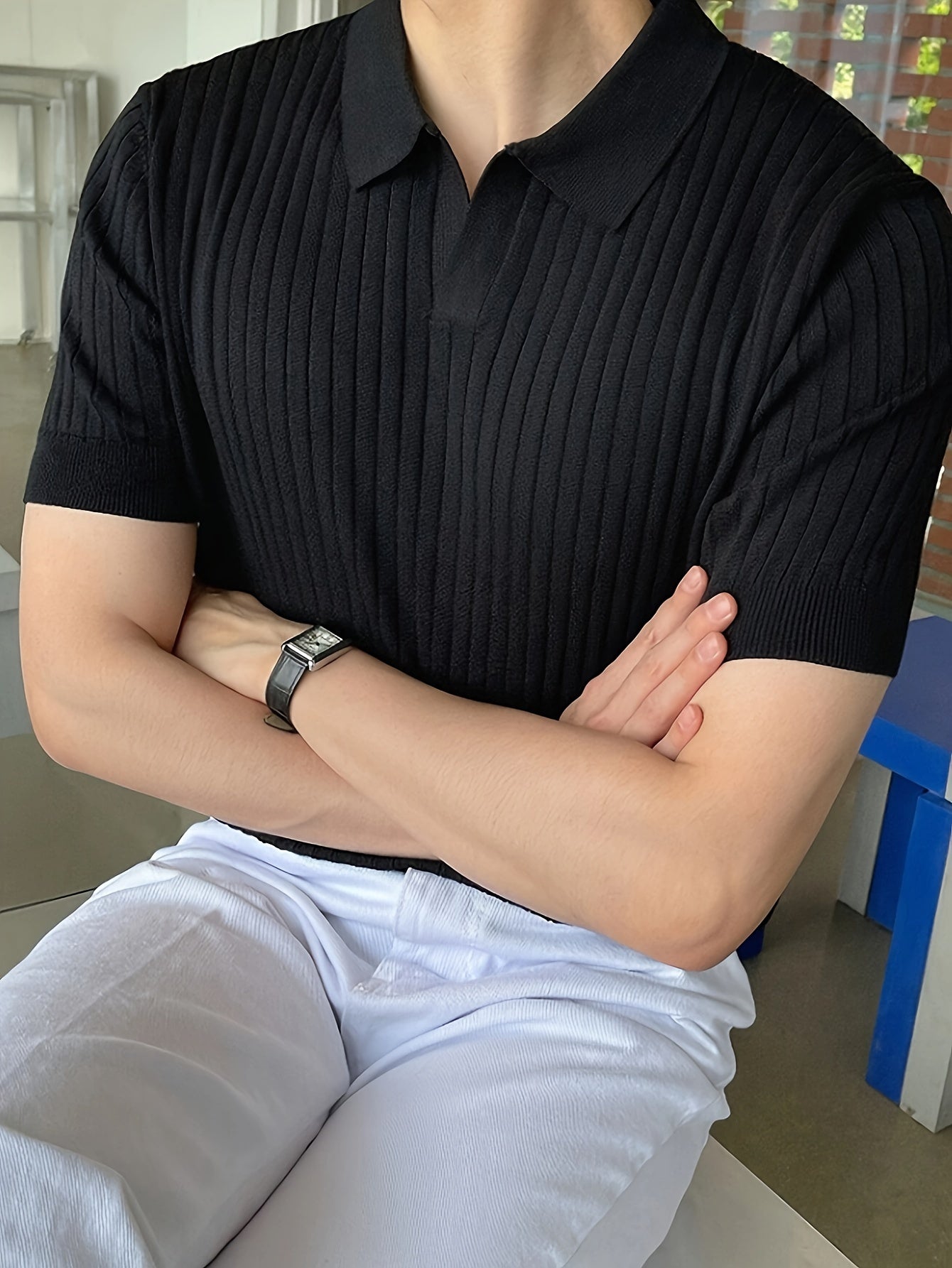 2024 New Men'S Small Hole Short Sleeve Polo Shirt Knitted Sweater - Beige, Medium Stretch, Solid Color, Regular Fit, All-Season Casual Wear, Casual Wear Sweater|Minimalist Style|Knit Construction, Sweater Vest