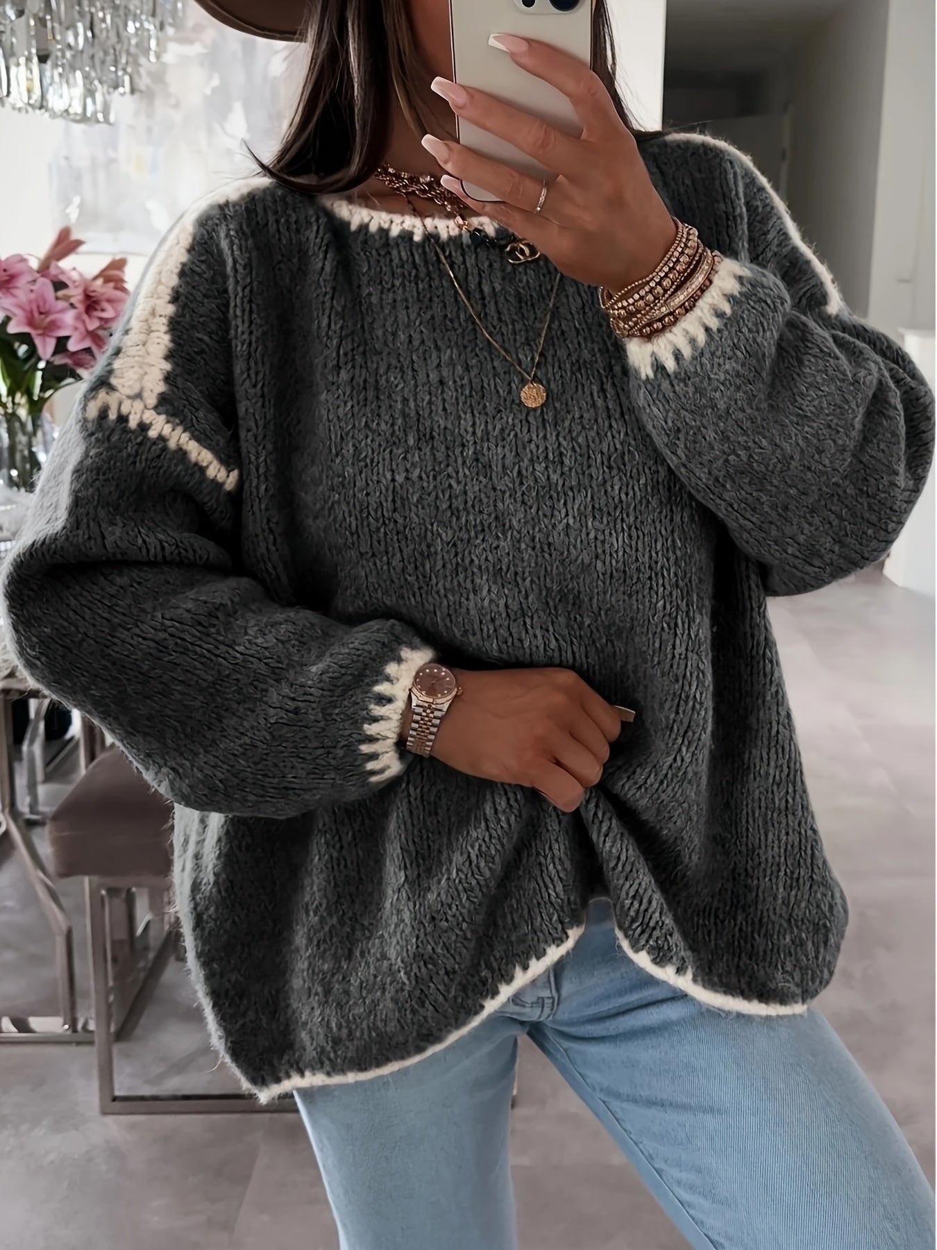 Solid Off-the-Shoulder Color Block Knit Sweater - Casual, Polyester, Fall/Winter, Knit Fabric, 88.2 g/m²