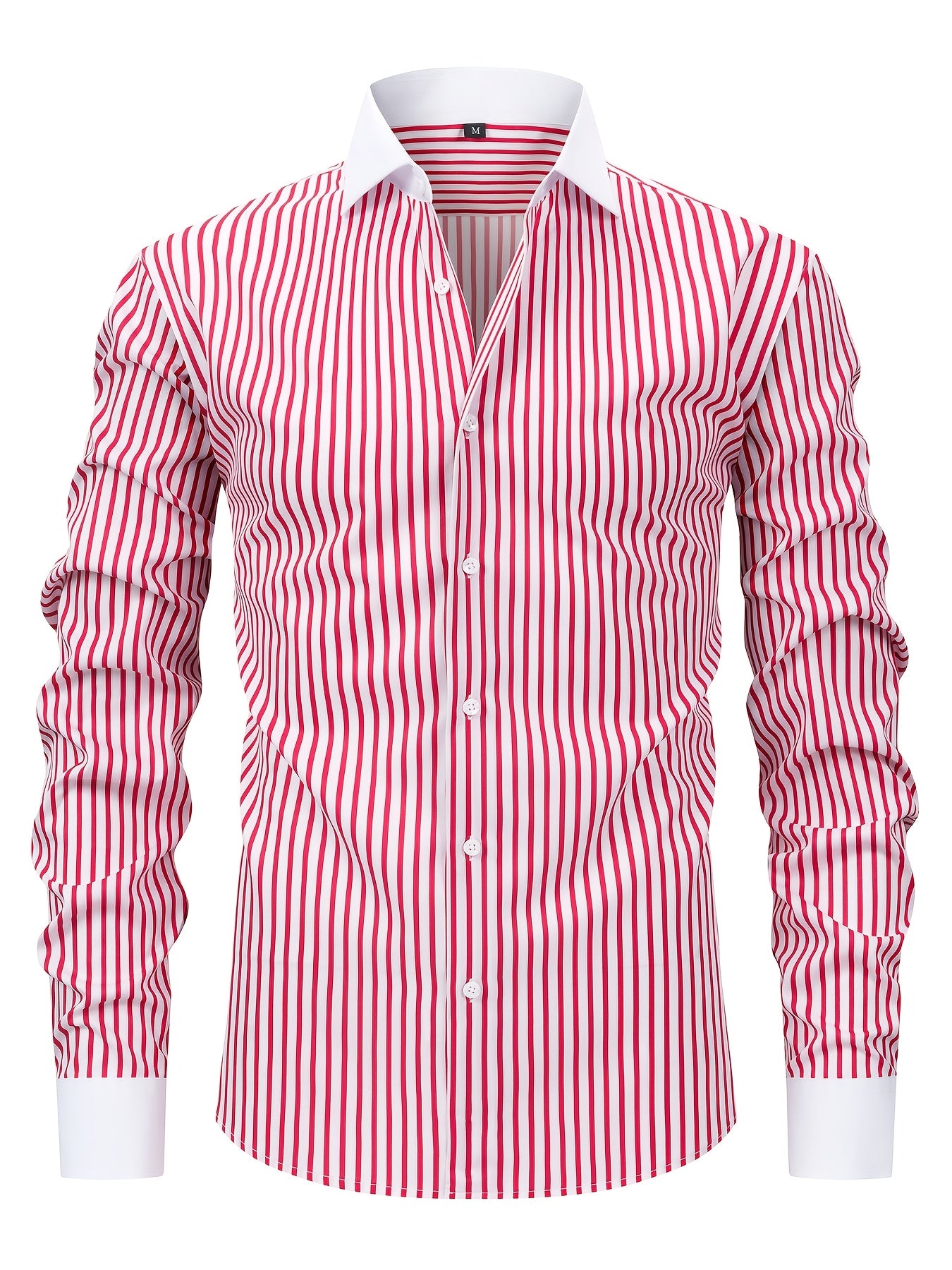 Men'S Elegant Striped Long Sleeve Button-Up Shirt - Red & White, Stretchy Polyester Blend, Fitted Design, Perfect for Business or Casual Wear, Gift for Me