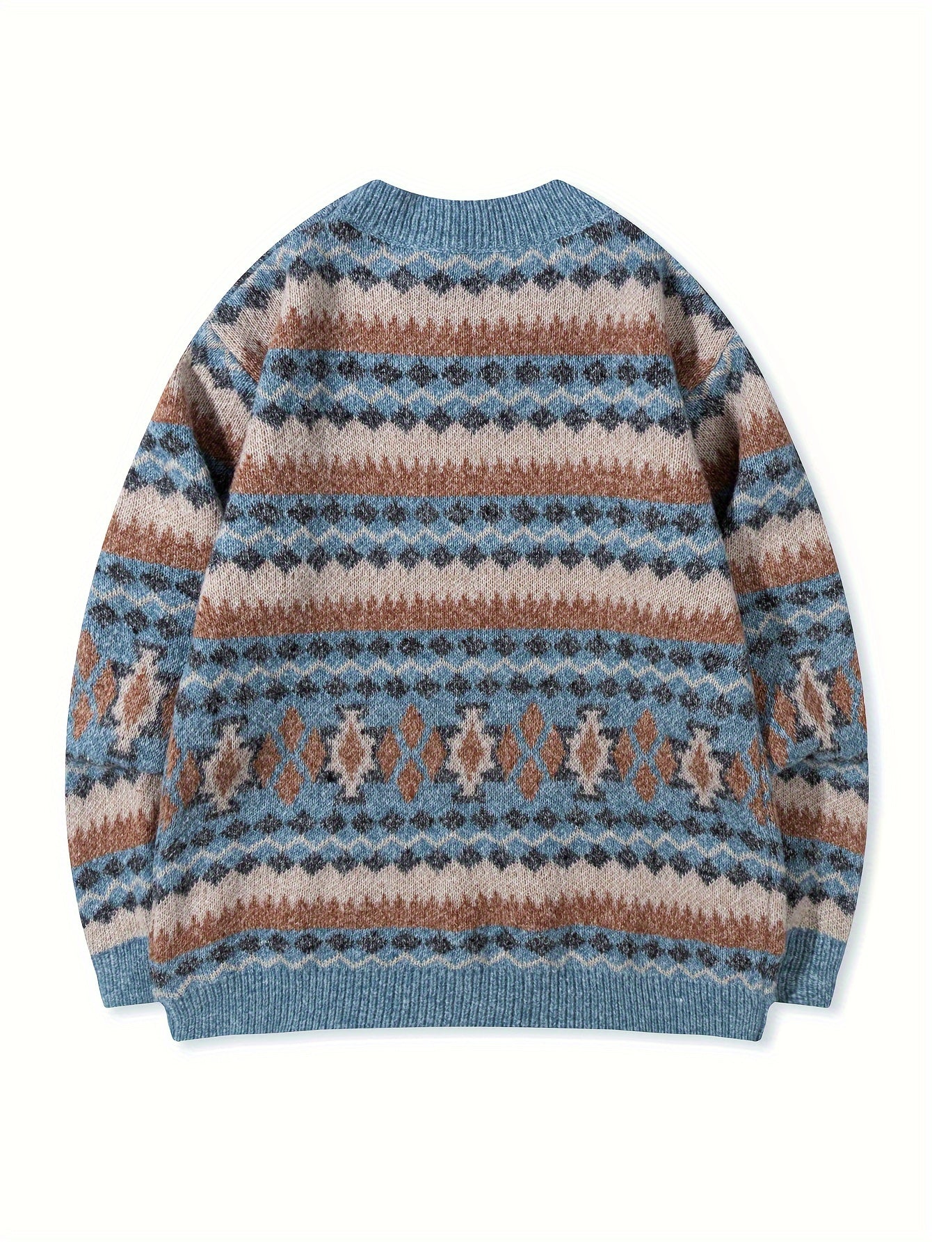 Men's Casual Color-Block Geometric Knit Sweater - Loose Fit Ribbed Detail Pullover, Machine Washable Autumn Winter Warm Crewneck Sweater for Casual Attire, Knitted Sweater, Durable Winter Wear