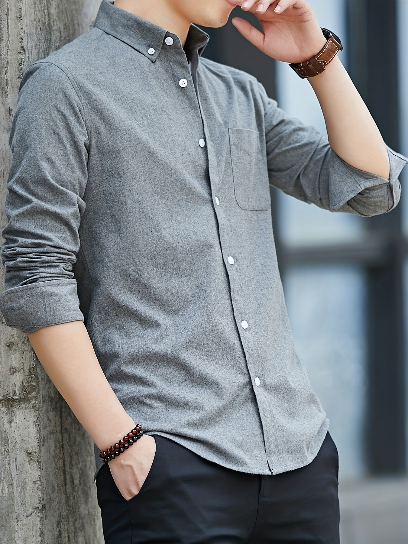 Men'S Casual Oxford Shirt, Solid Color, Long Sleeve, Lapel Collar, Slim Fit, Single Breasted, with Chest Pocket, Button Details, Woven Fabric, for Spring/Fall - Loose Fit Casual Shirt