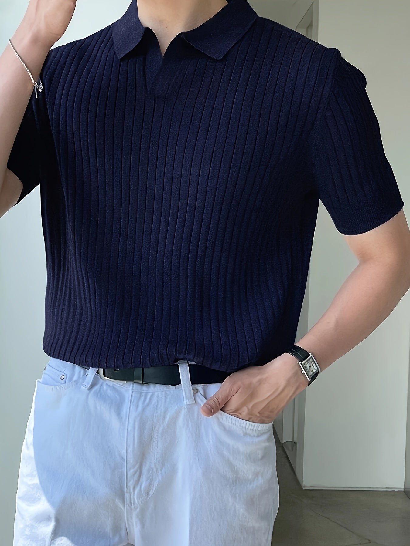 2024 New Men'S Small Hole Short Sleeve Polo Shirt Knitted Sweater - Beige, Medium Stretch, Solid Color, Regular Fit, All-Season Casual Wear, Casual Wear Sweater|Minimalist Style|Knit Construction, Sweater Vest