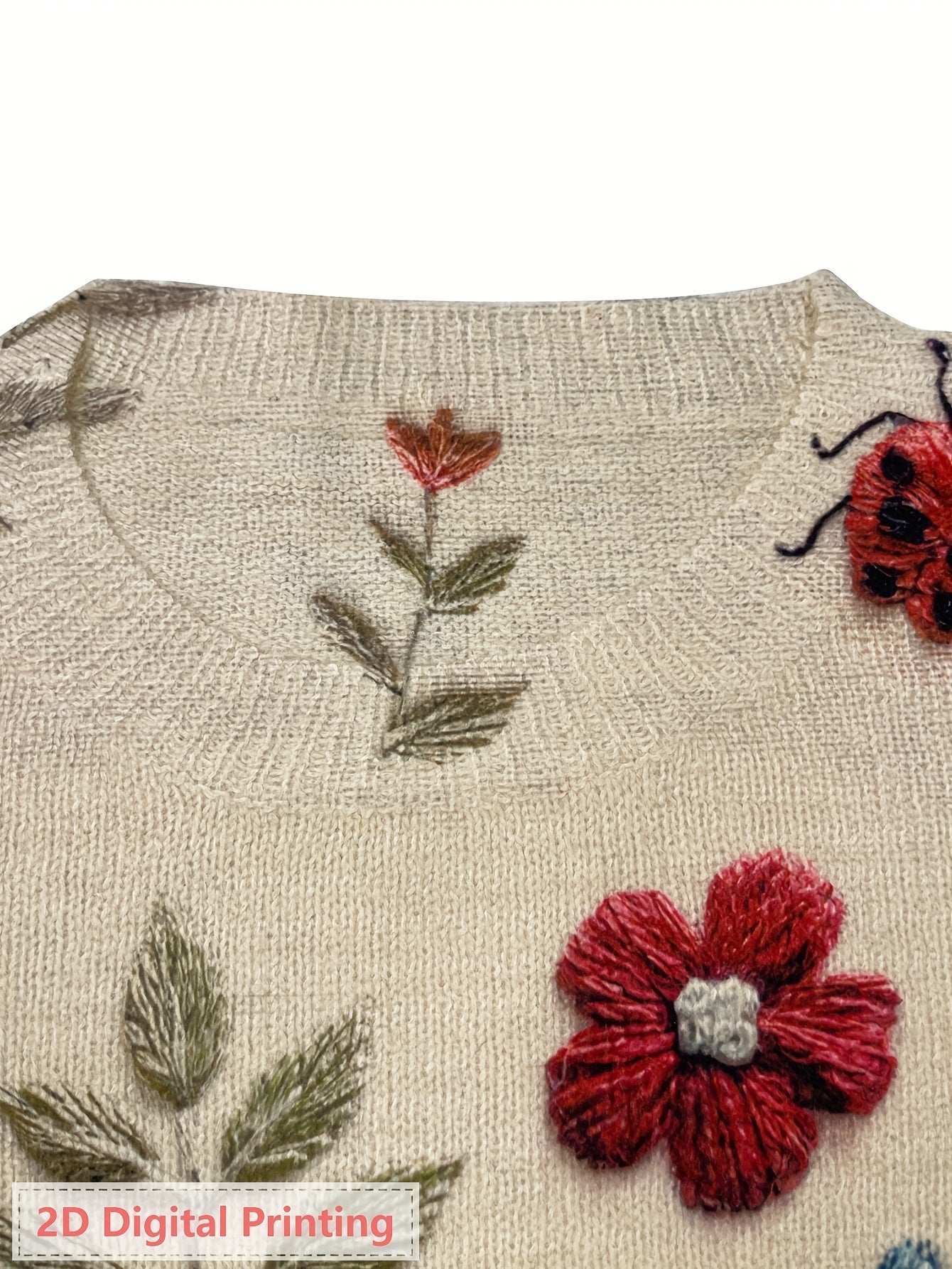 Women'S Lightweight Sweater - 2D Digital Printing-All-Over Floral & Insect Print in Beige/Red/Blue/Black/White/Gray/ - Soft Everyday Pullover for Fall/Winter - Casual Chic Sweater for Everyday & Formal Outfits - Women'S Sweater, Ladies Sweaters,