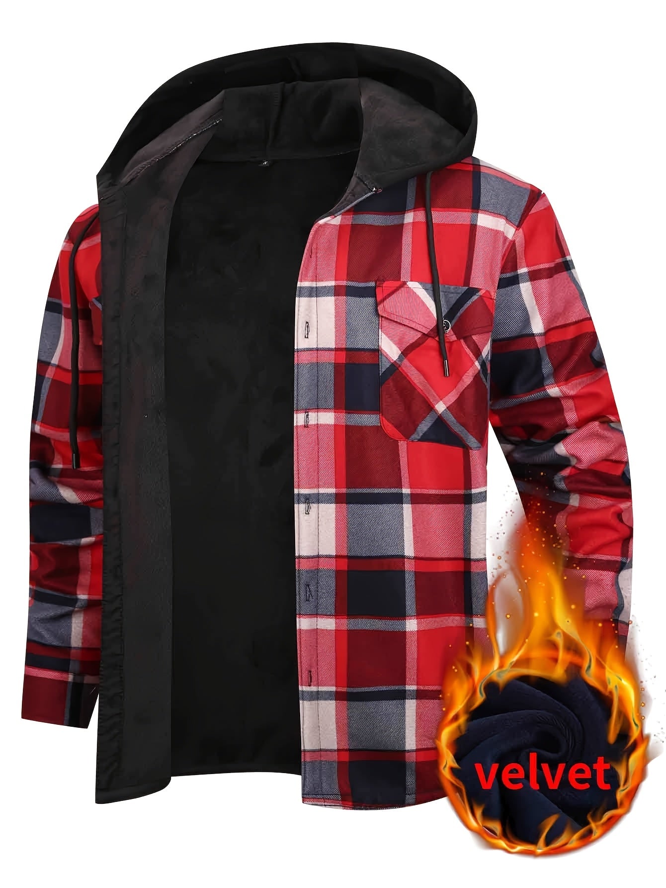 Men's Fleece-Lined Hoodie - Casual & Sporty, Plaid Pullover with Button Detail, Long Sleeve, Loose Fit for Fall/Winter