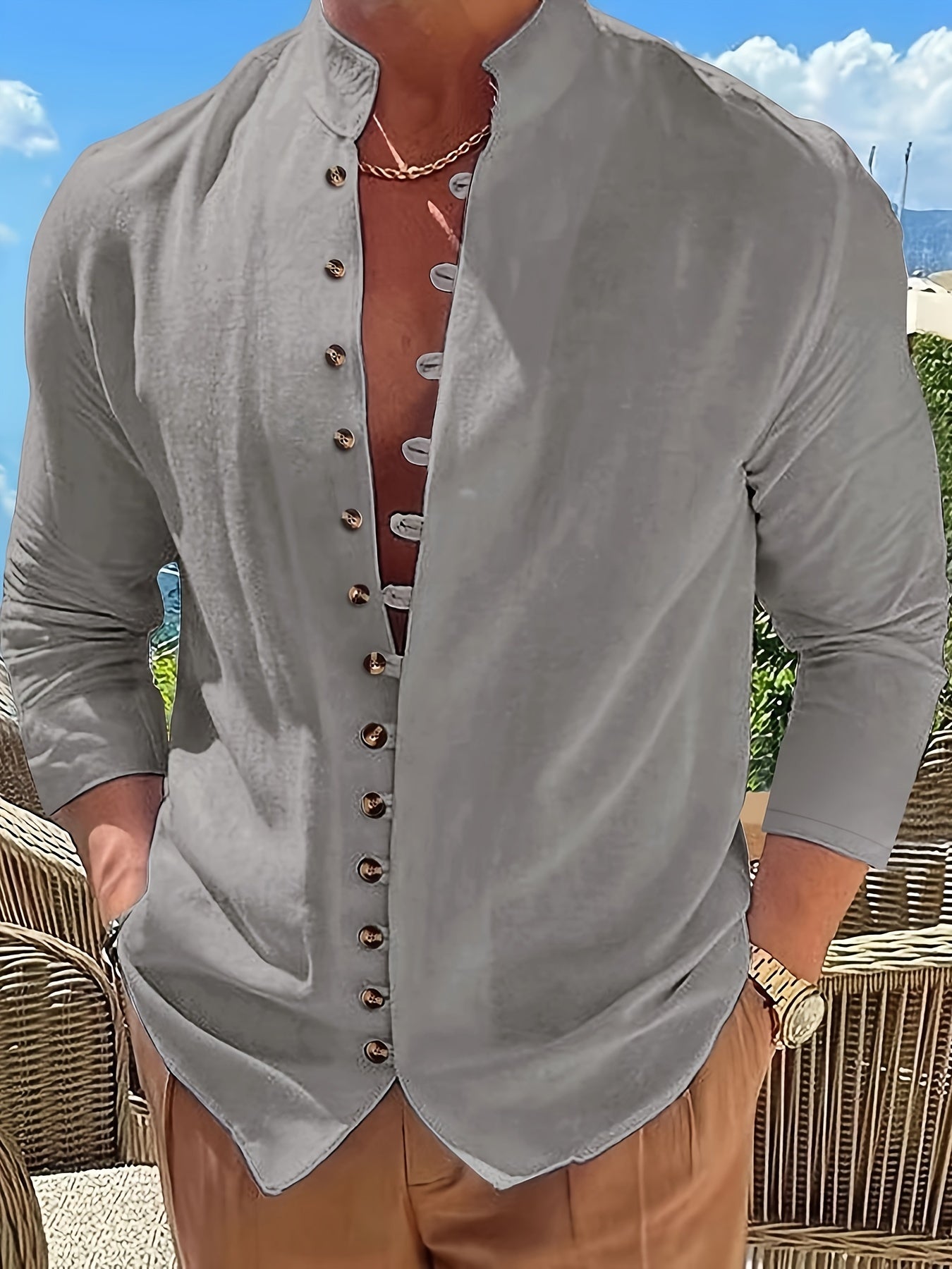 Men's Retro Casual Loose Long Sleeve Round Neck Button-Up Shirt, Gift for Eld, Gift for Ramadan