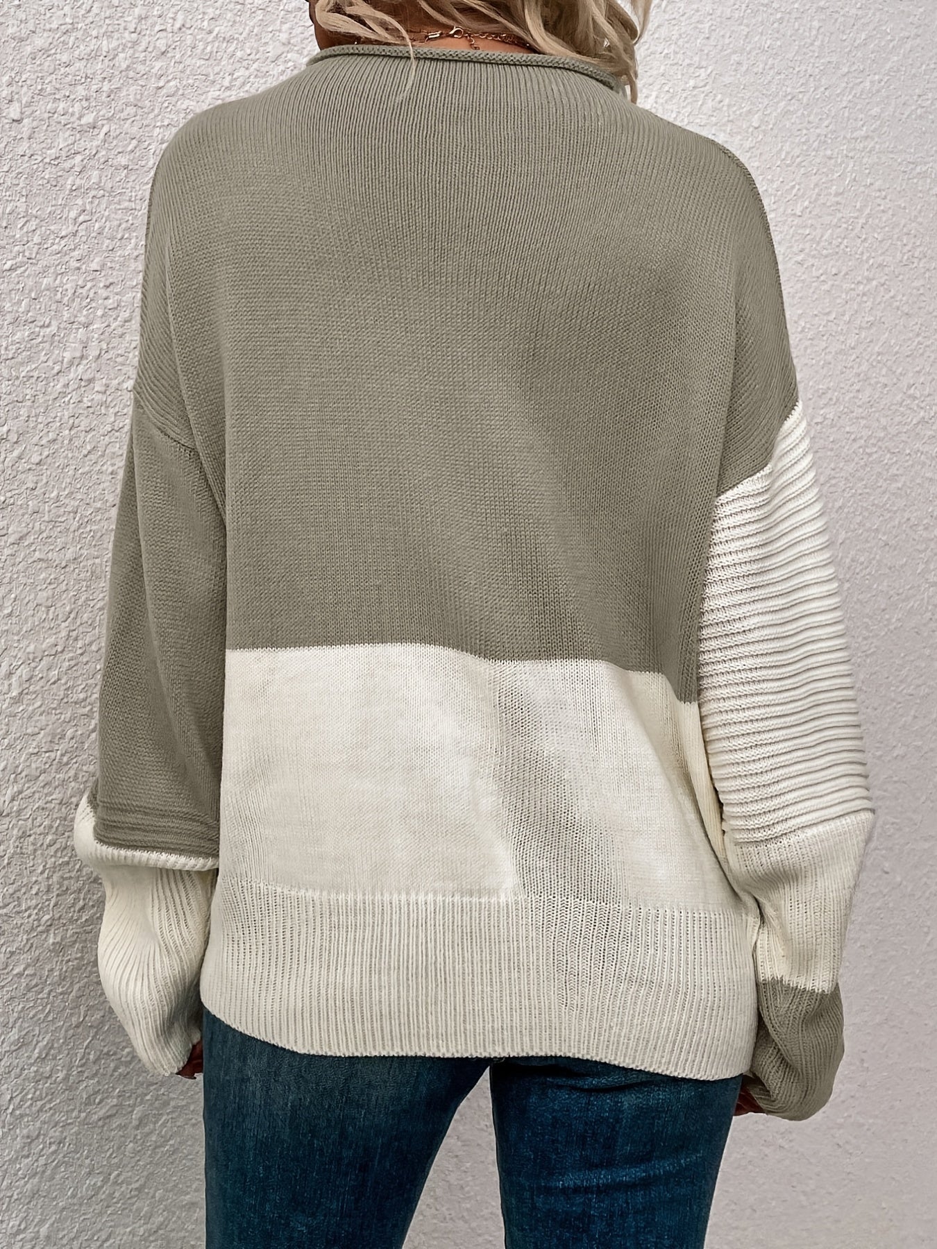 Womens Elegant Color Block Funnel Neck Pullover Sweater - Soft High Elasticity Acrylic Knit Fabric, Long Sleeve Drop Shoulder Design, Easy Care Hand Wash or Dry Clean, Perfect for Fall and Winter - Classic Style for Casual Daily Wear