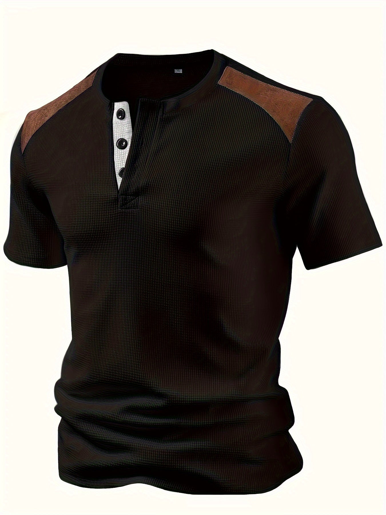 Men'S Waffle Texture Two-Tone Henley Shirt - Casual Summer Short Sleeve, Round Neck, Non-Stretch Fabric