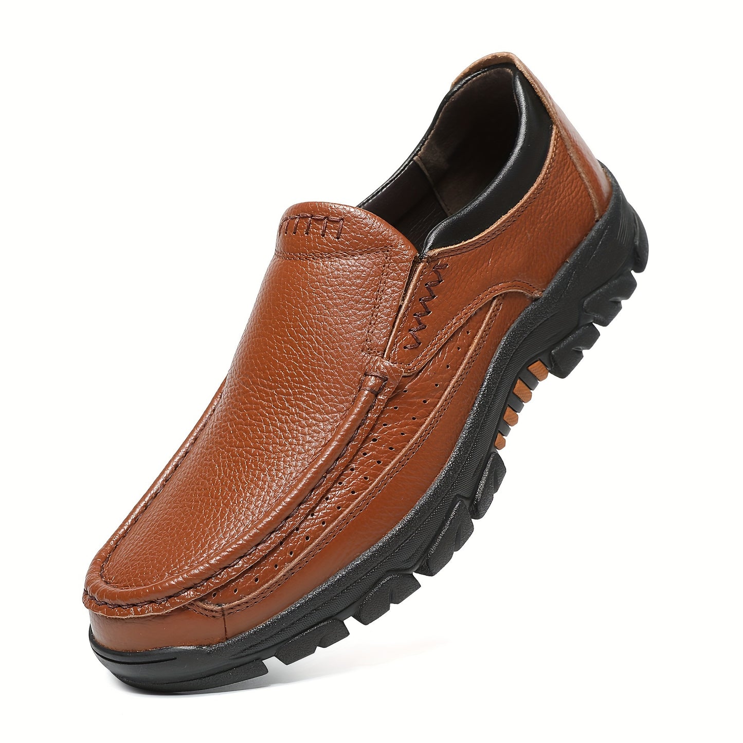 Men's Genuine Leather Slip-On Dress Shoes for Fathers Age 40-50 - Slip-Resistant Rubber Sole, Round Toe Comfort, All-Season Casual & Business Casual Shoes (Brown, Size Up to 50), Versatile Footwear | Side Zipper Design | Durable Footwear